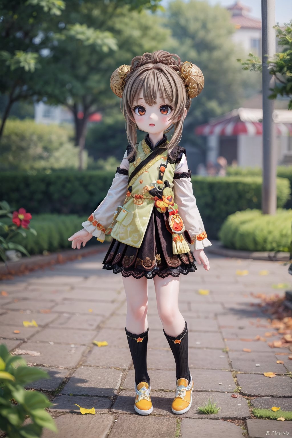 Yaoyao_Impact, full_body, blurry_background, loli, outdoor, yaoyao Style, dark brown hair,