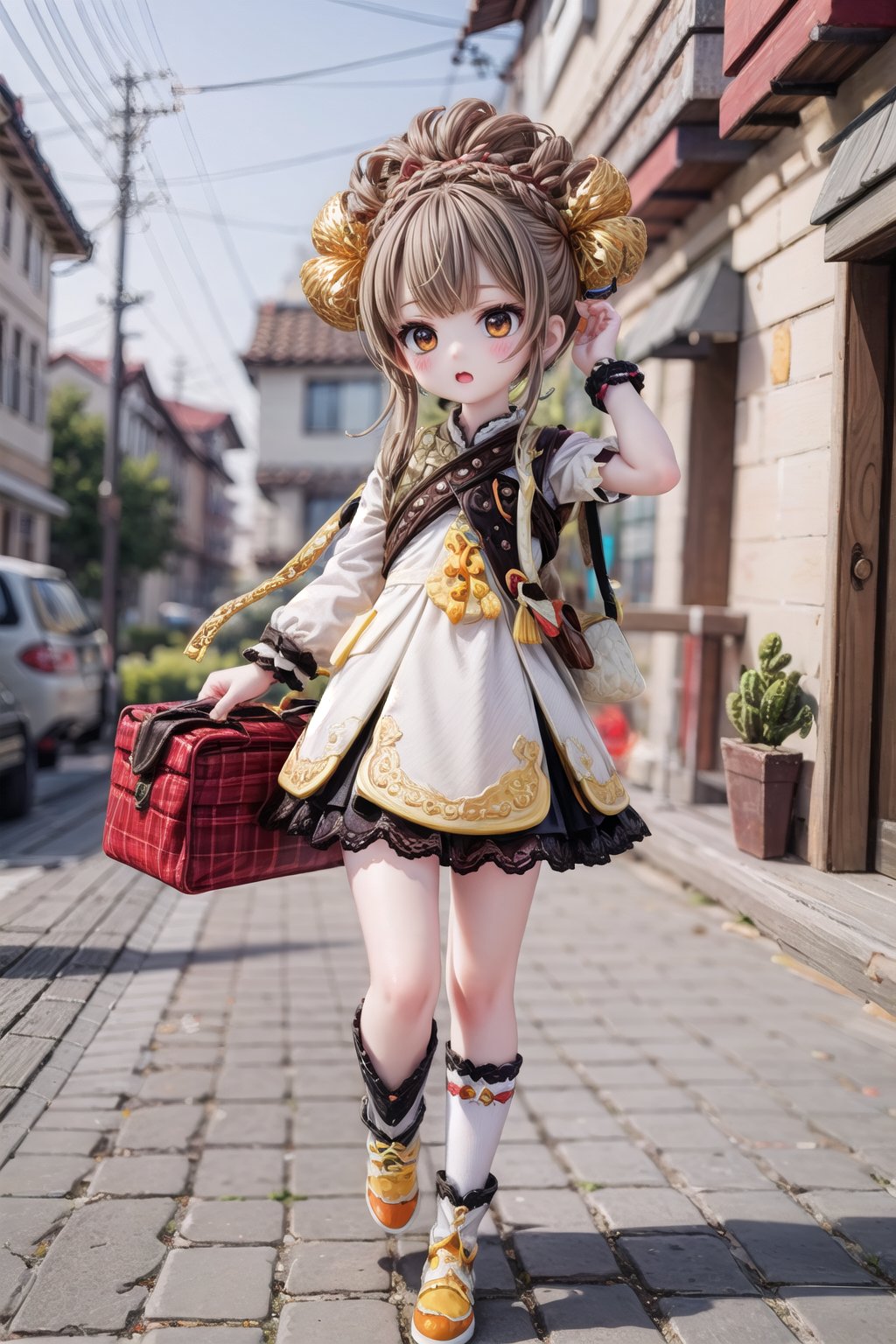 Yaoyao_Impact, full_body, blurry_background, loli, outdoor, yaoyao Style, dark brown hair,