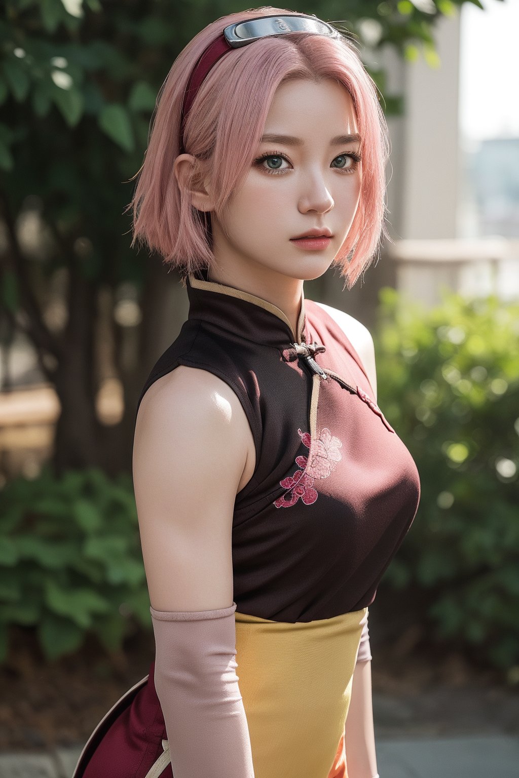 8k, best quality, masterpiece, realistic, ultra detail, photo realistic, Increase quality, Highly detailed, anime style character design of Sakura Haruno from Naruto with pink hair, (green eyes:0.8), and smooth skin, detailed facial features: large expressive eyes with long eyelashes, small nose, and determined lips, strong jawline, high cheekbones, fierce and focused expression, battle-ready stance, (wearing a red qipao dress :1.2), black shorts, elbow protectors, white gloves, red forehead protector with the Leaf Village symbol, hair styled in shoulder-length, straight cut, slim build, athletic physique, strong posture, dynamic anime-style background, bright and intense, with motion effects to indicate action, serious, looking at viewer, hairband, forehead protector, sleeveless shirt, gloves, looking_at_viewer:1.4, portrait,harunoshipp,harunonewera, black sash, detailed face