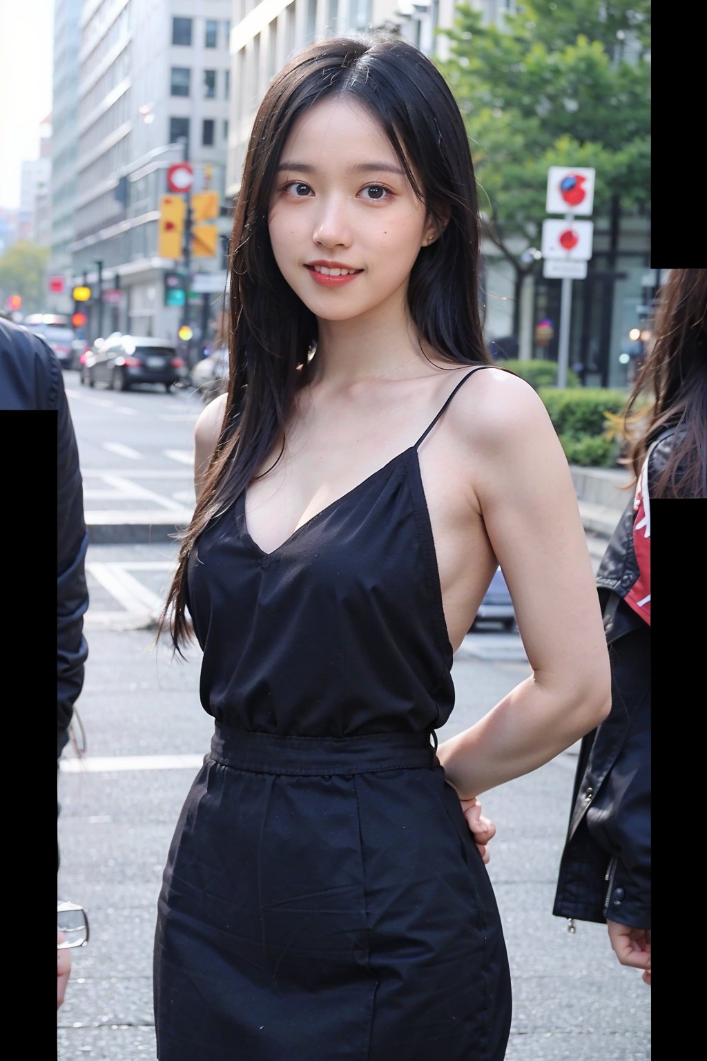 best quality,masterpiece,ultra high res,looking at viewer,simple background, 1girl, solo, looking_at_viewer, black hair,realistic,(standing),slim,(smile)(,hands_behind_back),