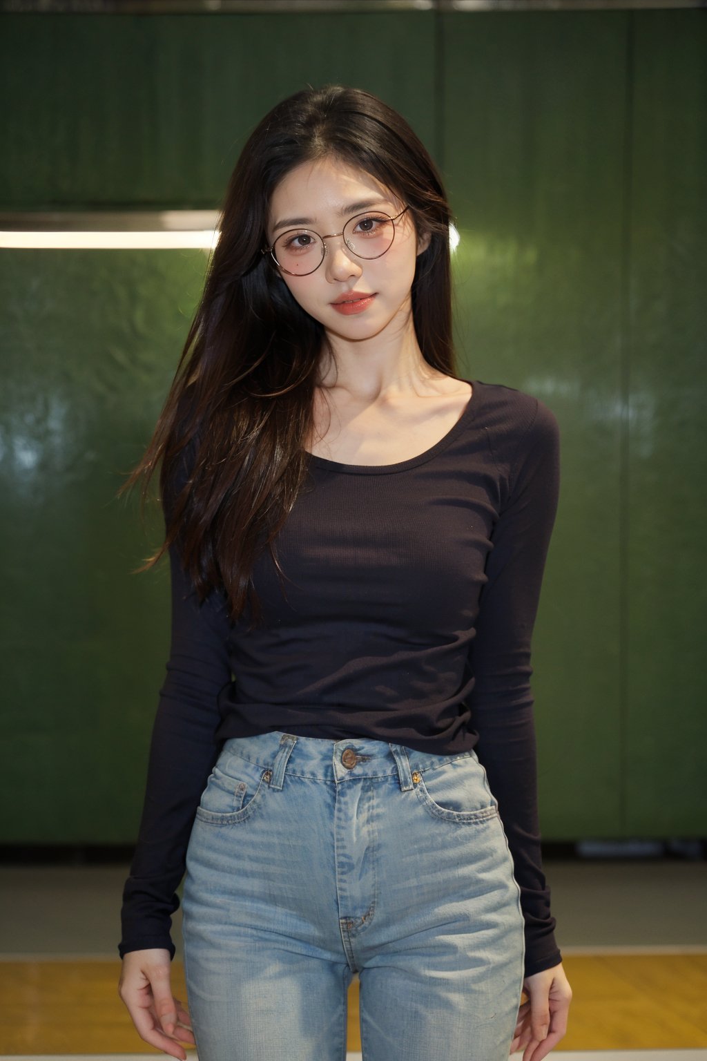 best quality,masterpiece,ultra high res,looking at viewer,simple background, 1girl, solo, looking_at_viewer, black hair,realistic,(standing),slim,(smile)(,hands_behind_back),glasses