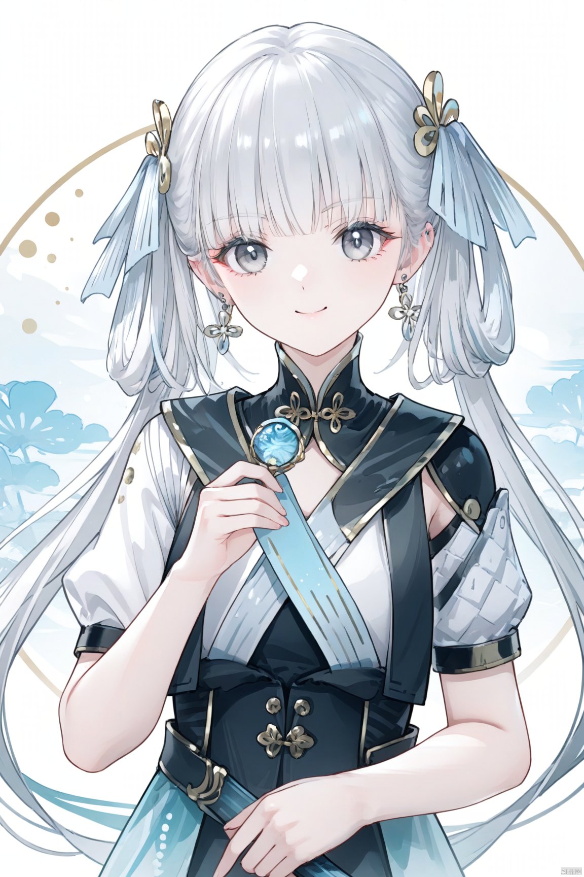 1girl, solo, long hair, looking at viewer, smile, bangs, hair ornament, holding, twintails, jewelry, closed mouth, upper body, white hair, earrings, grey eyes