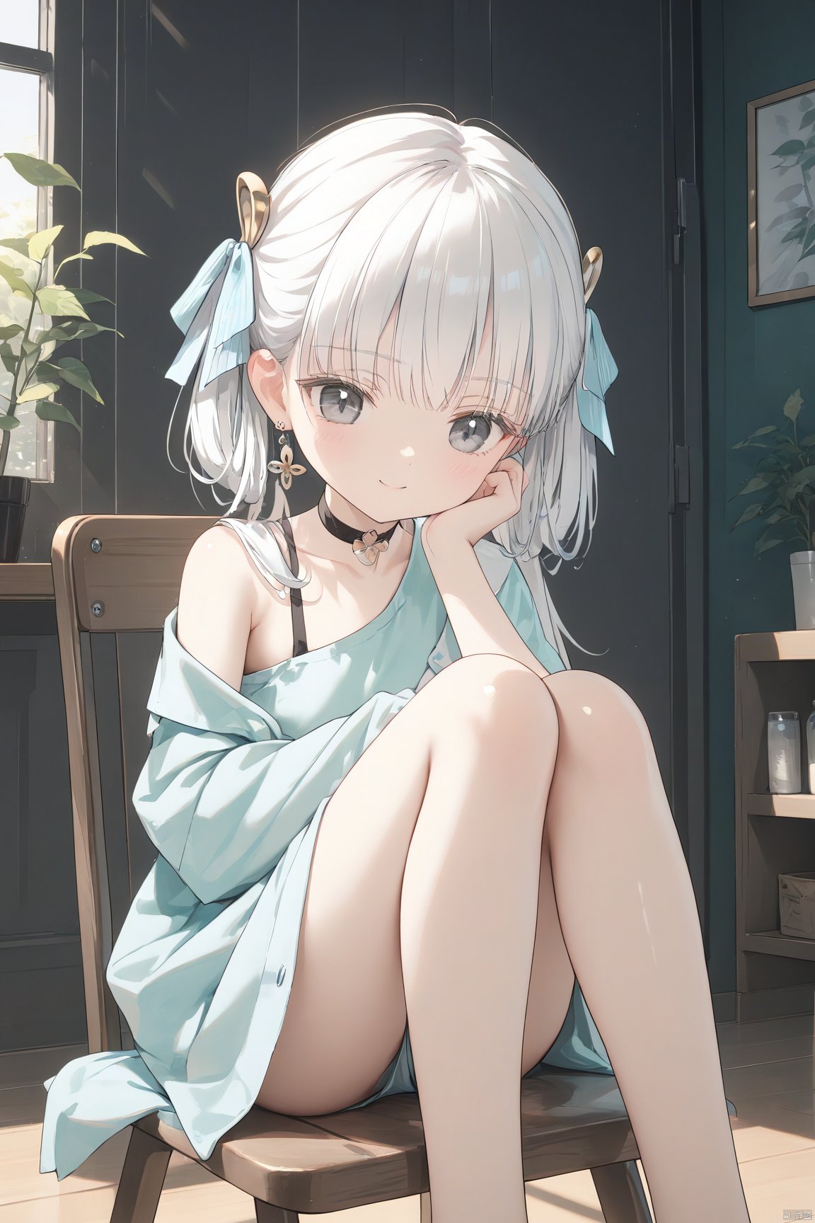 1girl,solo,loli,white hair,grey eyes,twintails,{{{close-up face,face focus}}},earrings,barefoot, hair ornament,sitting on chair,oversized shirt,oversized clothes,single strap,single bare shoulder,hand on own knee,head rest,knee up,hair up,choker,ankle ribbon,aqua nails,light smile,shiny hair,indoors,shelf,glass locker,White walls,Wooden counter,potted plant,vines,cane,window shade,cinematic lighting,dutch angle,depth of field,chiaroscuro,ray tracing,Aestheticism Painting,looking down, best quality, amazing quality, very aesthetic, absurdres,no shoes