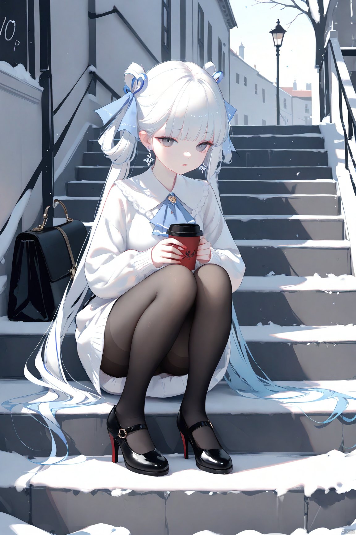 1girl, solo, long hair, breasts, looking at viewer, bangs,long sleeves, dress, bow, ribbon, holding, twintails, jewelry, very long hair, full body, hair ribbon, white hair, pantyhose, earrings, parted lips, shoes, belt, grey background, bag, black footwear, white dress, high heels, sweater, cup, grey eyes, black pantyhose, ascot, squatting, steam, holding cup, hair rings, thighband pantyhose, white sweater, disposable cup, coffee cup,(masterpiece), (best quality), illustration, ultra detailed, hdr, Depth of field, (colorful),loli,[Artist:wlop],[[Artist:sheya]],Artist:ask \(askzy\),stairs,outdoors,shopping bag,