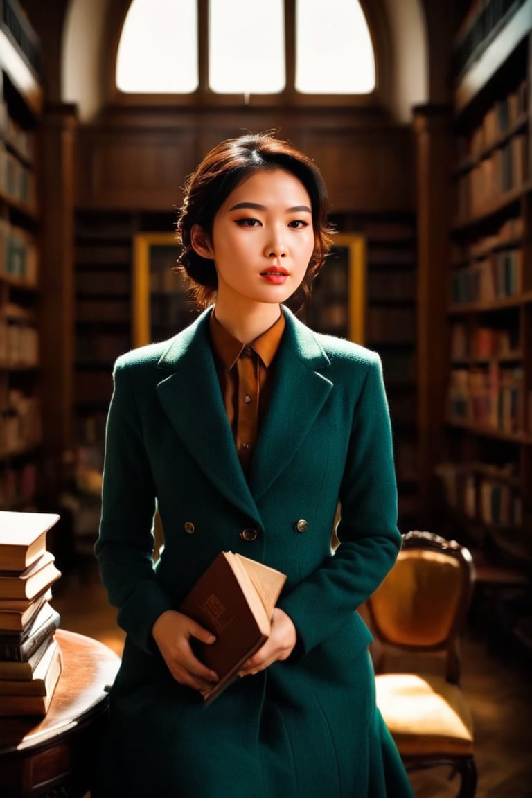 HQ photography, closeup portrait, sharp focus, bokeh background, high contrast, In a serene, cinematic setting, a lovely, young woman, reminiscent of Angeline, sits in an antique university library, looking at the book, Degas-like attention to detail captures every curl and curve of her body. In the background, an antique library full of books and ladders is bathed by the afternoon sun rays, creating a sense of depth and atmosphere. The overall effect is stunning, with cinematic flair, masterpiece, shines brightly on ArtStation, trending for all to admire.,dark academia outfit, brown teal color palette, Rembrandt Lighting Style,darkacademia,photorealistic,tweed blazer, collar shirt, beret,Kodak Motion Picture Film Style, ohwx woman, ohwx,vivian_chow, chinese girl,