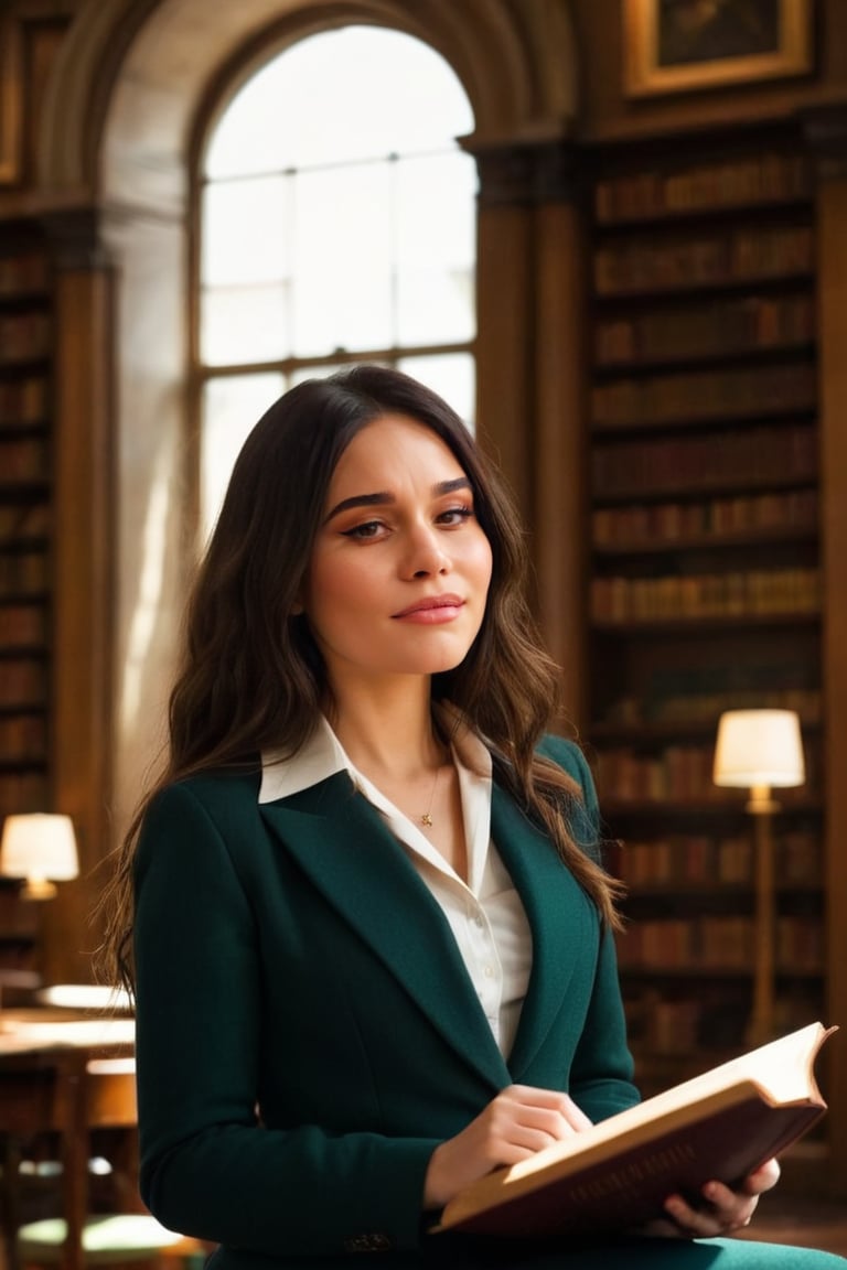 HQ photography, closeup portrait, sharp focus, bokeh background, high contrast, In a serene, cinematic setting, a lovely, young woman, reminiscent of Angeline, sits in an antique university library, looking at the book, Degas-like attention to detail captures every curl and curve of her body. In the background, an antique library full of books and ladders is bathed by the afternoon sun rays, creating a sense of depth and atmosphere. The overall effect is stunning, with cinematic flair, masterpiece, shines brightly on ArtStation, trending for all to admire.,dark academia outfit, brown teal color palette, Rembrandt Lighting Style,darkacademia,photorealistic,tweed blazer, collar shirt, beret,Kodak Motion Picture Film Style, ohwx woman, ohwx,al3ss4n3grin1, alessandra Negrini