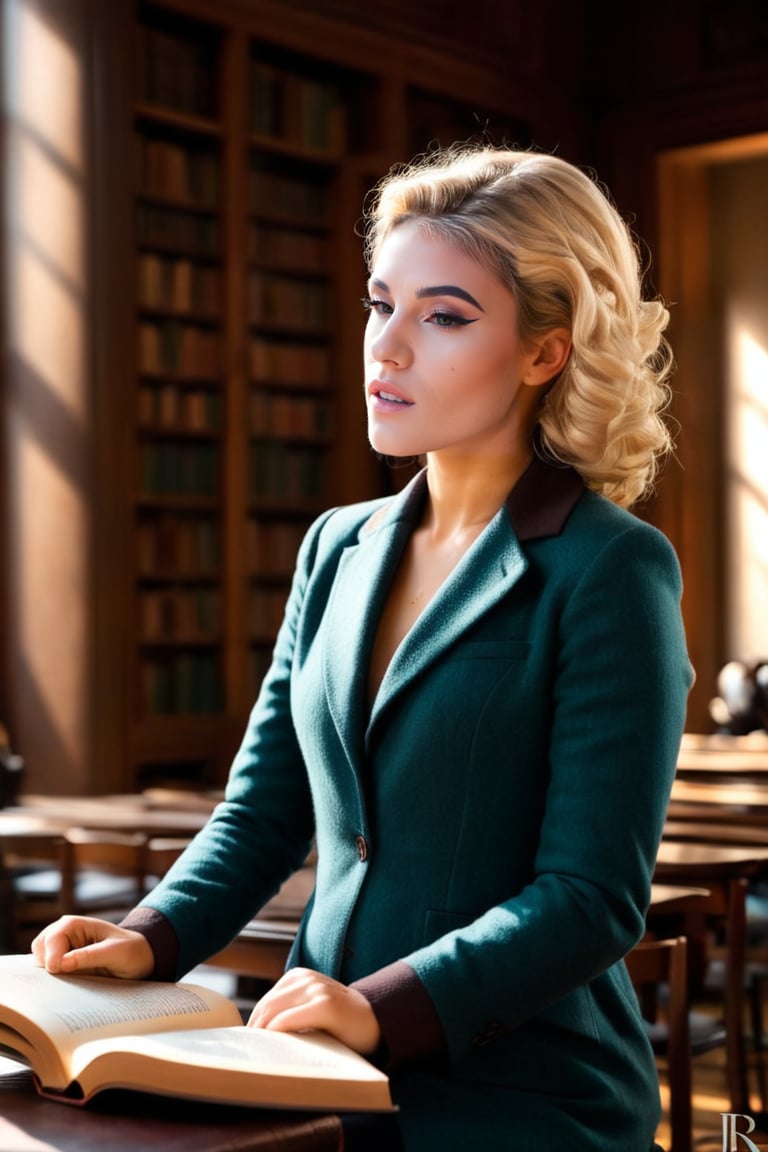 HQ photography, closeup portrait, sharp focus, bokeh background, high contrast, In a serene, cinematic setting, a lovely, young woman, reminiscent of Angeline, sits in an antique university library, looking at the book, Degas-like attention to detail captures every curl and curve of her body. In the background, an antique library full of books and ladders is bathed by the afternoon sun rays, creating a sense of depth and atmosphere. The overall effect is stunning, with cinematic flair, masterpiece, shines brightly on ArtStation, trending for all to admire.,dark academia outfit, brown teal color palette, Rembrandt Lighting Style,darkacademia,photorealistic,tweed blazer, collar shirt, beret,Kodak Motion Picture Film Style,bl5nch3br5db, blonde, platinum_blonde_hair