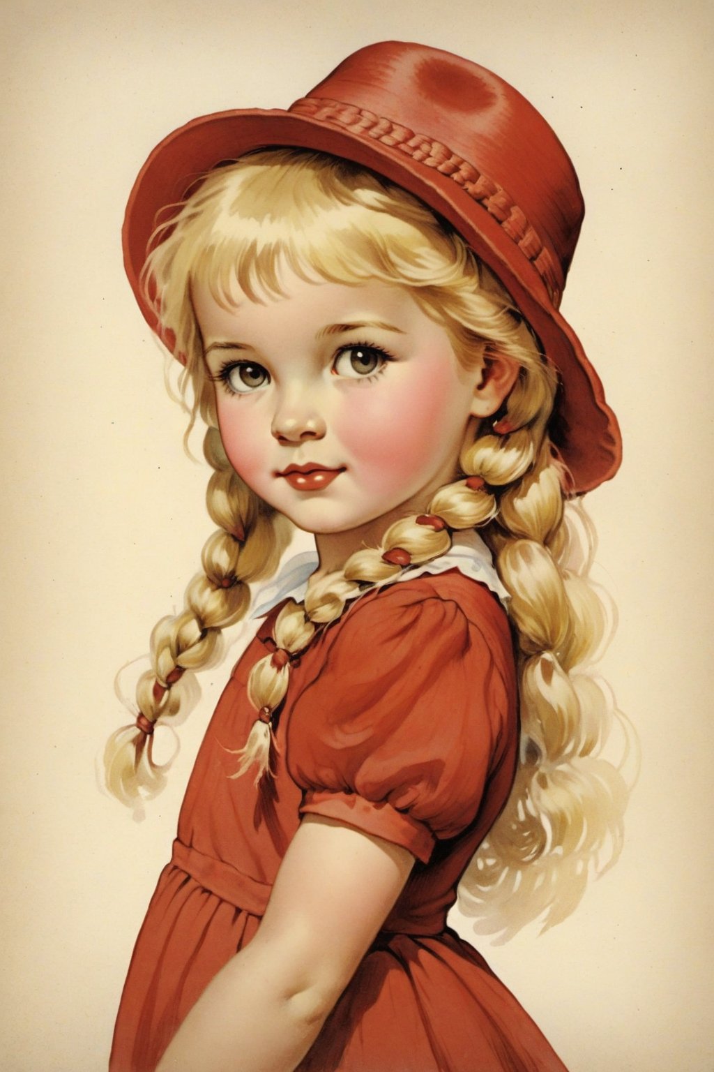 Little girl with fedora hat, half body, wearing red dress, blonde hair, long hair, braids hair, 

Vintage children's illustrations, retro children's illustrations, 