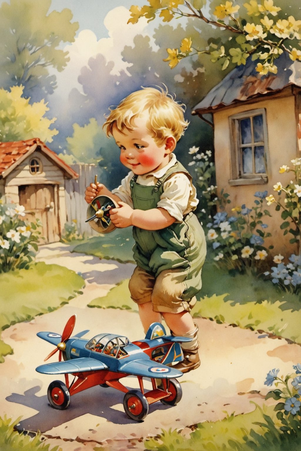 Little boy playing a Toy plane, miniature plane, In the yard of the house, bright morning, 

Vintage children's illustrations 