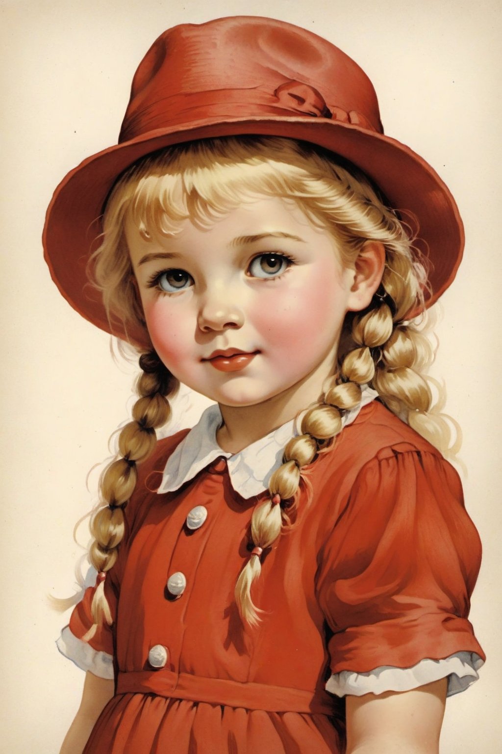 Little girl with fedora hat, half body, wearing red dress, blonde hair, long hair, braids hair, 

Vintage children's illustrations 