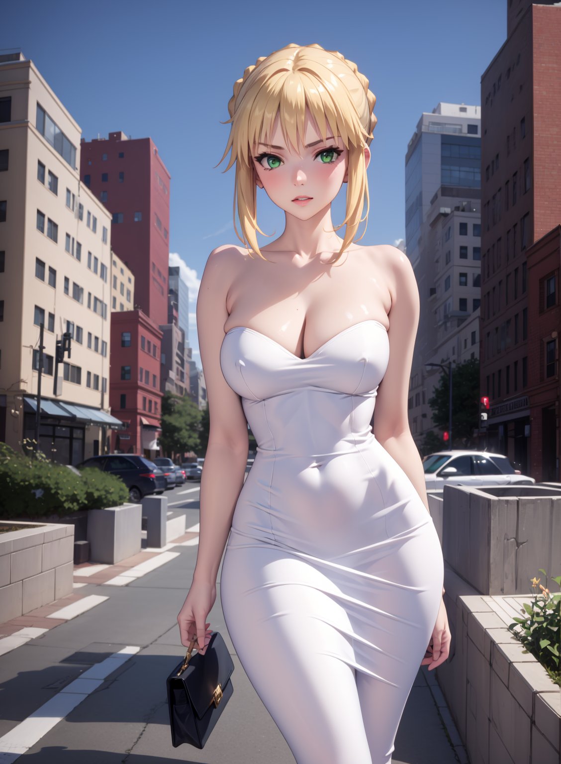 tight dress, in the city, 1girl, Artoria Pendragon, green eyes, blond hair,