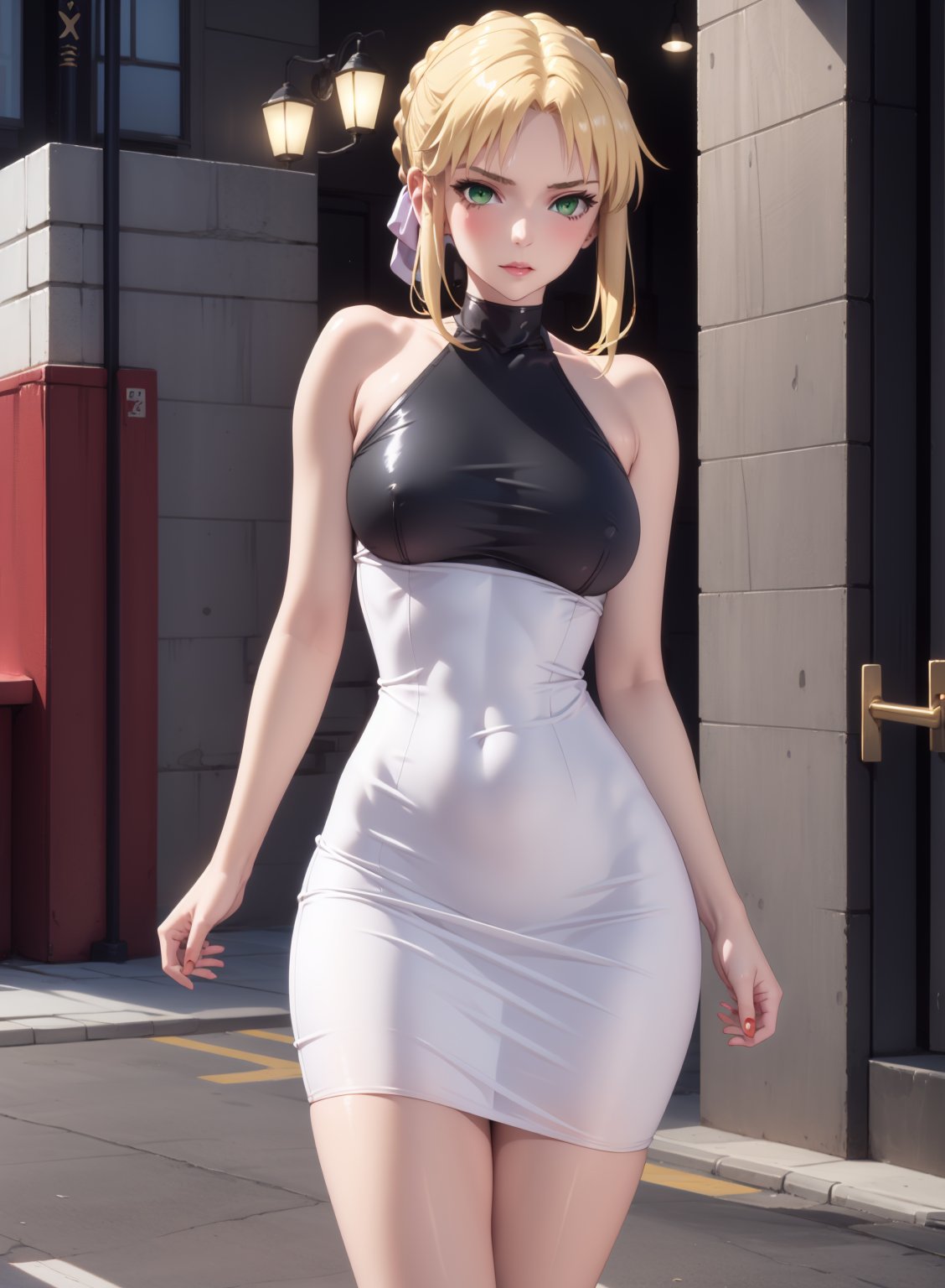 tight dress, in the city, 1girl, Artoria Pendragon, green eyes, blond hair,