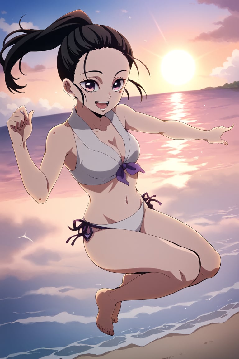 hinatsuruTengen, score_9, score_8_up, 1girl, purple eyes, black hair, ponytail, open mouth, smile, beach, sun , palms, clouds, white bikini, jumping, day, Horizon, 