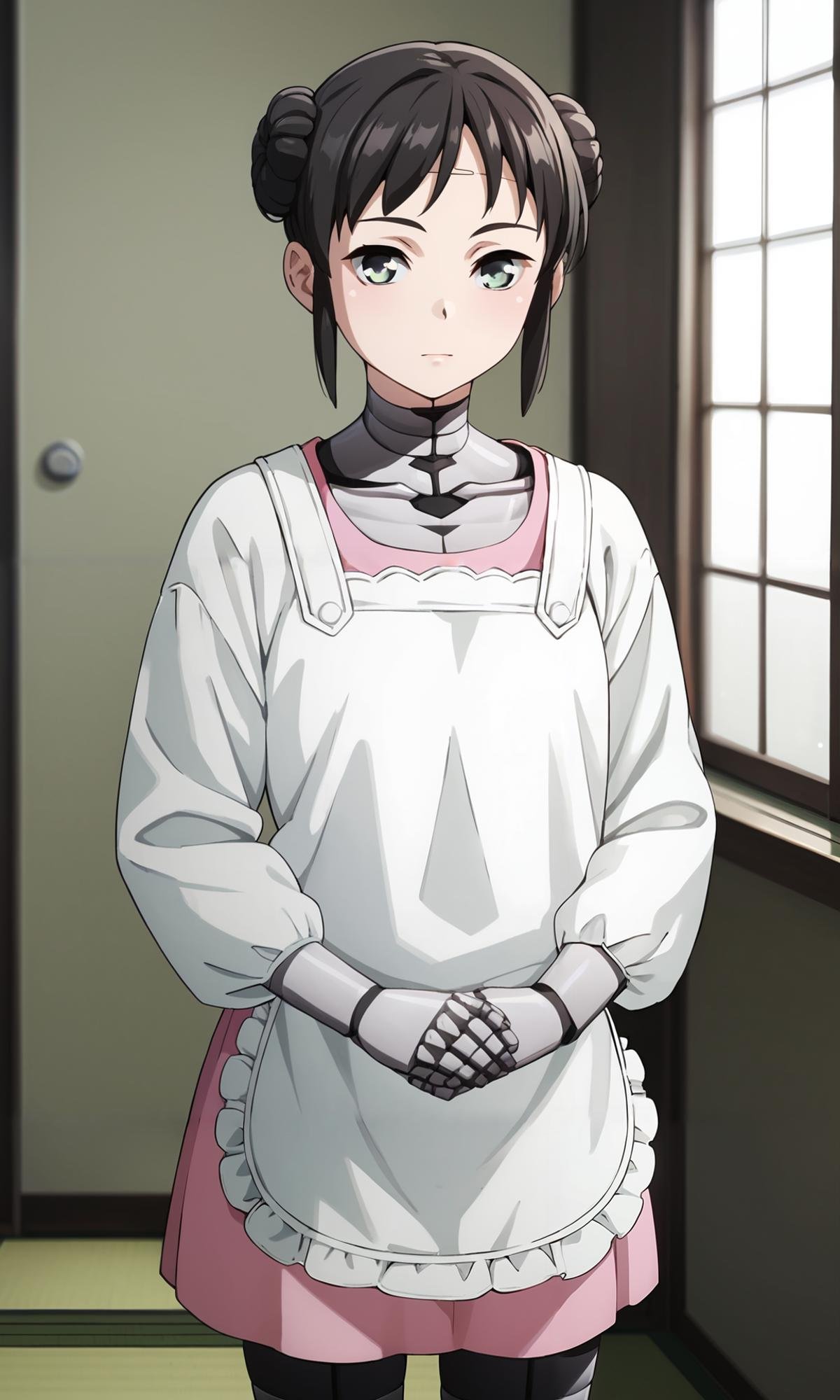 score_9, score_8_up, score_7_up, source_anime, zPDXL2, 1girl BREAK <lora:mina:1> mina_wz, green eyes, eyelashes, black hair, double bun, hair bun, short hair, sidelocks, closed mouth, expressionless, android, pink dress, apron, white kappougi, black pantyhose, robot, mechanical parts BREAKstanding, cowboy shot, looking at viewer, expressionless, light blush, tatami, kitchen, blurry background, 