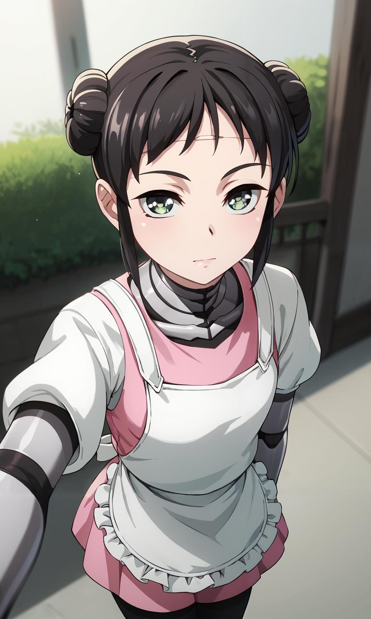 score_9, score_8_up, score_7_up, source_anime, zPDXL2, 1girl BREAK <lora:mina:1> mina_wz, green eyes, eyelashes, black hair, double bun, hair bun, short hair, sidelocks, closed mouth, expressionless, android, pink dress, apron, white kappougi, black pantyhose, robot, mechanical parts, mechanical arms BREAKhalf-closed eyes, outdoors, pov, selfie