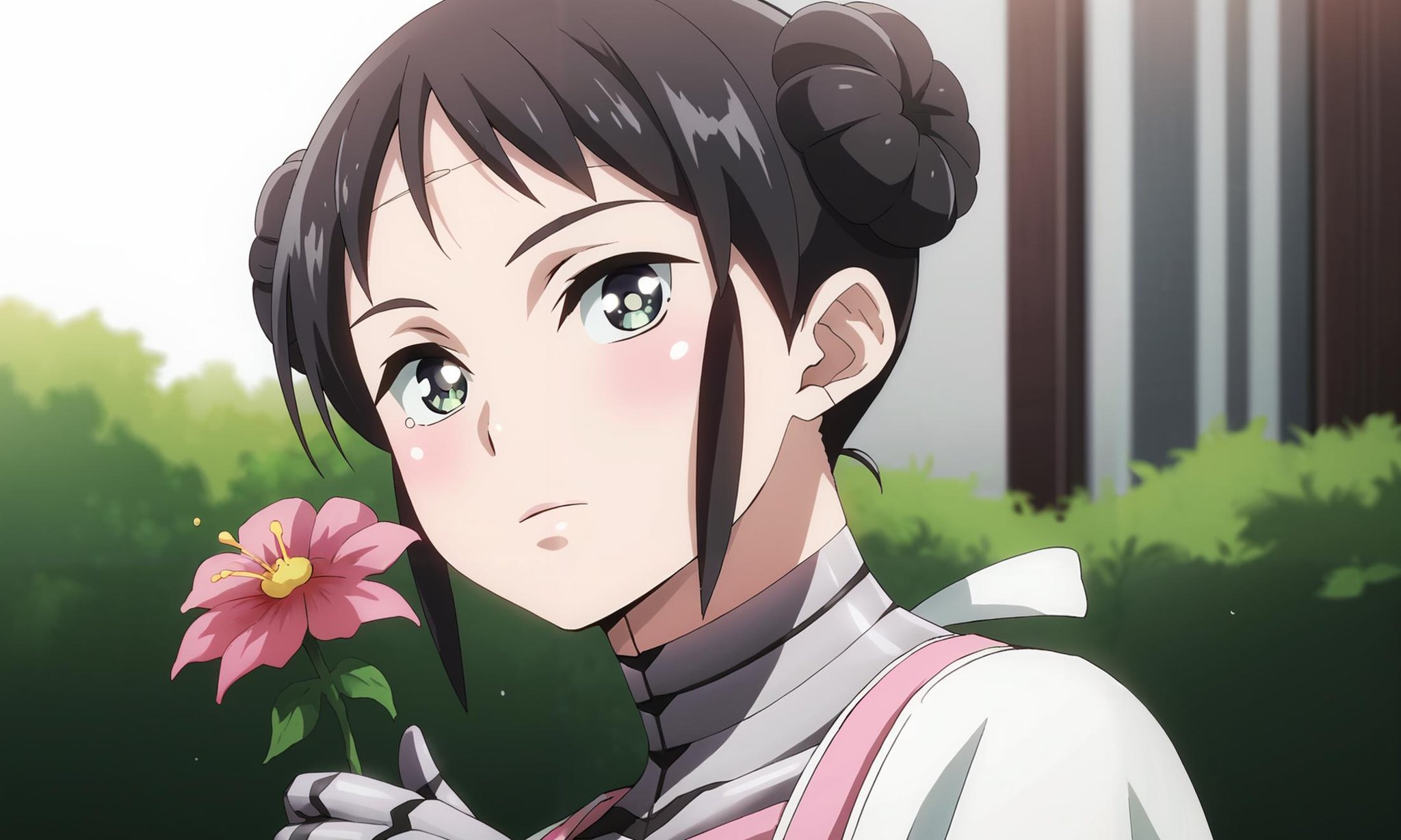 score_9, score_8_up, score_7_up, source_anime, zPDXL2, 1girl, hara \(harayutaka\) BREAK <lora:mina:1> mina_wz, green eyes, eyelashes, black hair, double bun, hair bun, short hair, sidelocks, closed mouth, expressionless, android, pink dress, apron, white kappougi, black pantyhose, robot, mechanical parts, mechanical arms, long sleeves BREAKexpressionless, upper body, holding flower, flower, hair flower, outdoors, garden, day, looking at viewer, 