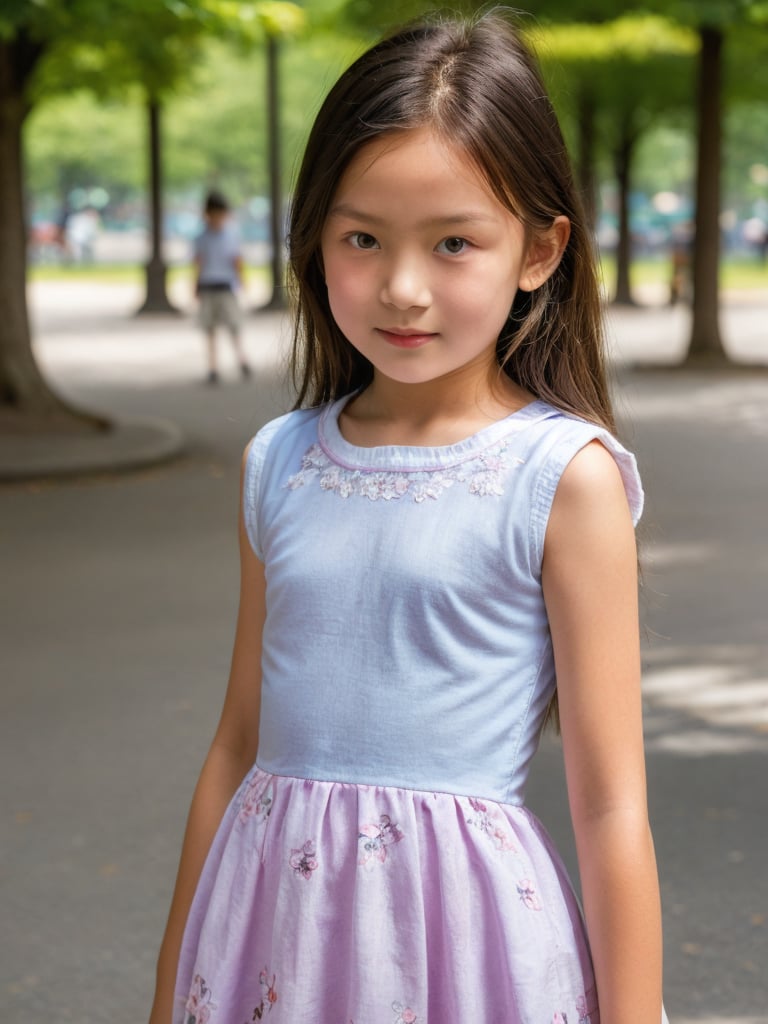 A ten-year-old little girl, upper body, wearing a beautiful floral dress is playing in the park