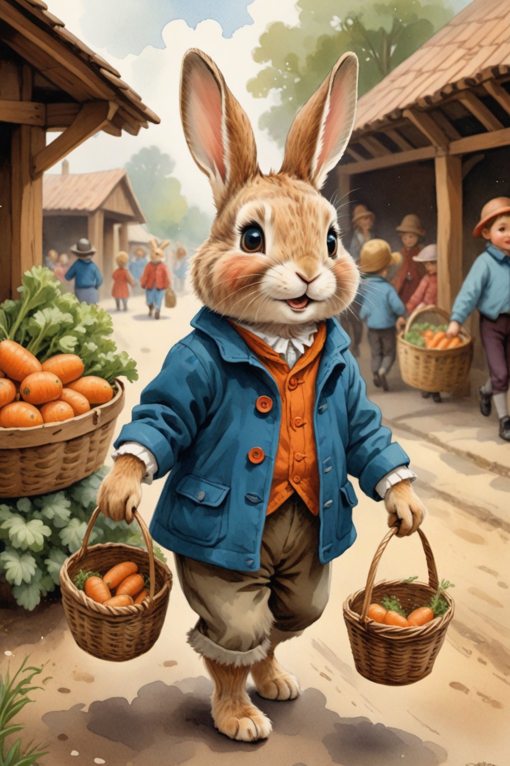 Cute rabbit, wearing a blue jacket, holding a basket full of carrot, walking on the traditional market 

retro children's illustrations,Vintage children's illustrations, perfect face, perfect eyes, perfect finger,Child Storybook illustrations 