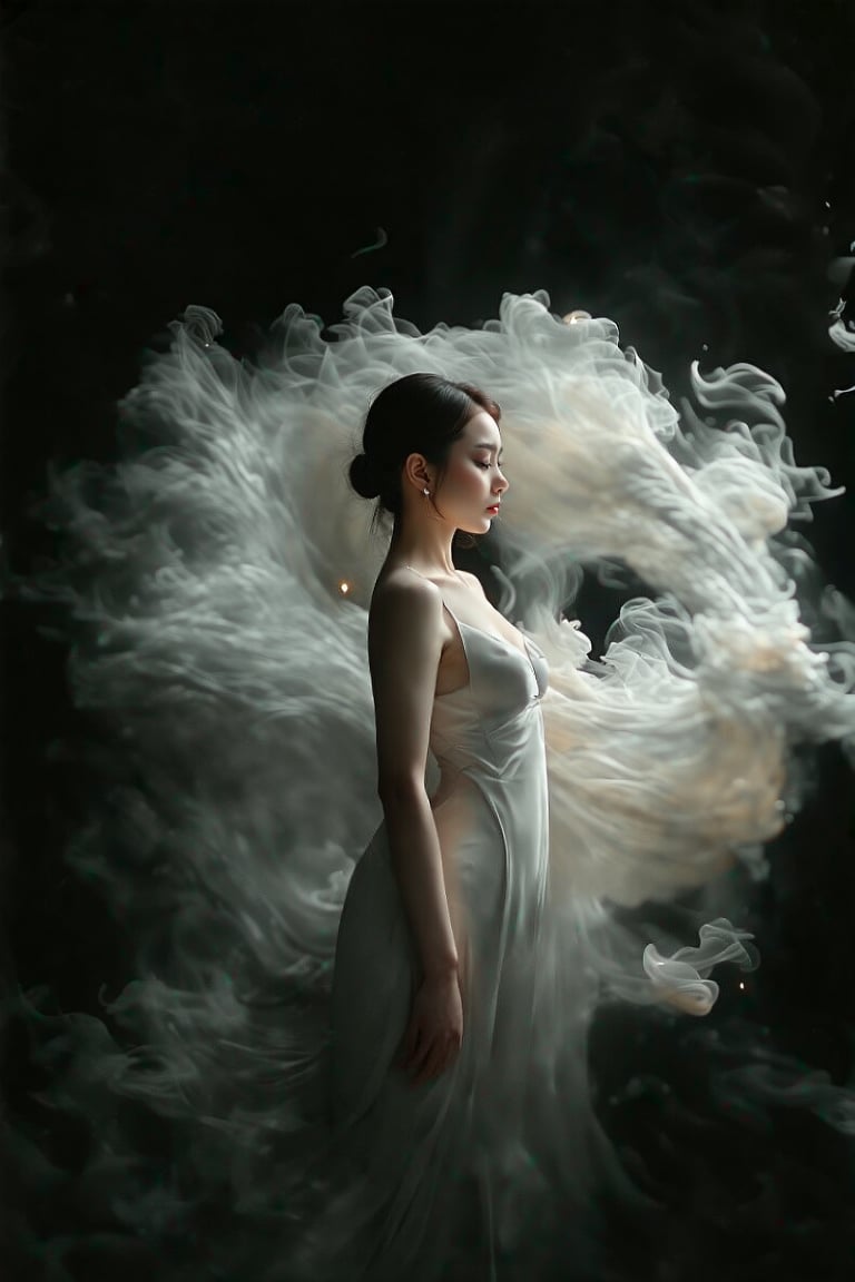 A woman's ethereal figure emerges from a vortex of smoky gray and white hues, as if suspended amidst swirling embers. Her face, aglow with an otherworldly intensity, is framed by delicate, surrealistic floral patterns that seem to unfurl from her very skin. The composition centers around her full-body form, posed in profile, against a darkened backdrop of smoky wisps.