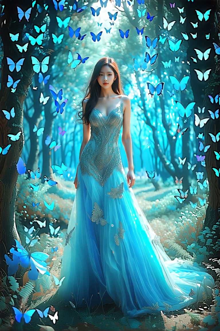 A young woman surrounded by a myriad of vibrant blue butterflies. She is adorned in a gown that mirrors the hues of the butterflies, with intricate patterns and embellishments. The backdrop is a mesmerizing blue forest, illuminated by a soft, ethereal light. The woman's gaze is distant, and her hair flows freely, suggesting a sense of freedom and wonder.