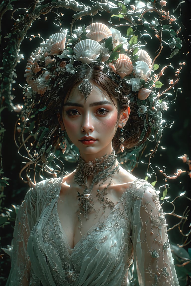 hyper detailed surrealistic color photo of gorgeous {indonesian young princess}, head fully covered with sea shells, aquatic flowers, tropical vines, cables, cybernetic ornaments, fine foliage engraved, hyper detailed rough texture, sinuous roots, hyper detailed dendritic fractals, greenish scales, anatomical, split lighting, back light, volumetric, hr giger style, by donatello,Extremely Realistic