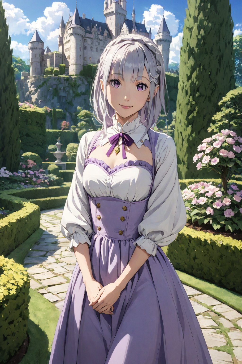 smile , dress  , in the garden , castle , beautiful scenery , 
( masterpiece , anime style ) ,EmiliaReZero,purple eyes,grey hair 