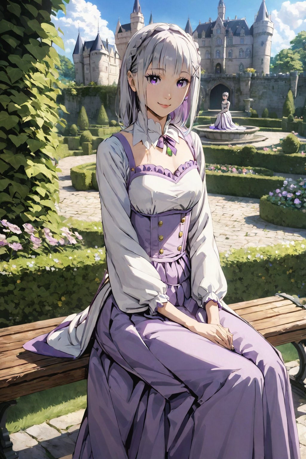 sitting on bench , smile , dress  , in the garden , castle , 
( masterpiece , anime style ) ,EmiliaReZero,purple eyes,grey hair 