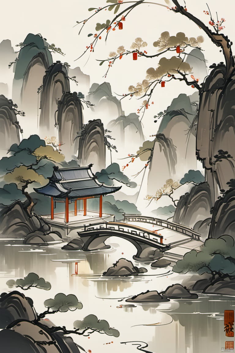 guohuashanshui,Masterpiece,Best Quality,CG Illustration,The ultra wide-angle lens,magnificent and breathtaking scene,epicmasterpiece,8K,The ancient Chinese-style architecture,surrounded by blooming flowers,lush green leaves,bamboo forests,flowing mountains,waterfall,small bridge,winding paths,Thesunlight shines brilliantly,(nohumans),minimalism,(Zen aesthetics:1.2),(Zen composition:1.3),Chinese landscape painting,uiach,guhua,guofengxl,
