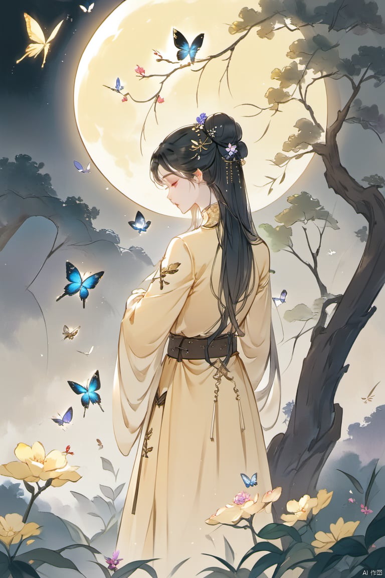 A girl, alone, long hair, looking at the audience, black hair, hair accessories, long sleeves, clothes, hugging, standing, flowers, outdoors, head back, Bun, from behind, tree, Belt, Chinese clothes, moon, pale yellow clothes, insects, butterflies,