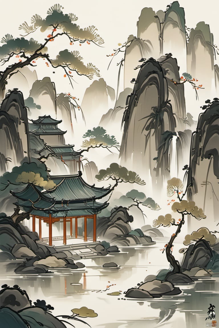 guohuashanshui,Masterpiece,Best Quality,CG Illustration,The ultra wide-angle lens,magnificent and breathtaking scene,epicmasterpiece,8K,The ancient Chinese-style architecture,surrounded by blooming flowers,lush green leaves,bamboo forests,flowing mountains,waterfall,small bridge,winding paths,Thesunlight shines brilliantly,(nohumans),minimalism,(Zen aesthetics:1.2),(Zen composition:1.3),Chinese landscape painting,uiach,guhua,guofengxl,
