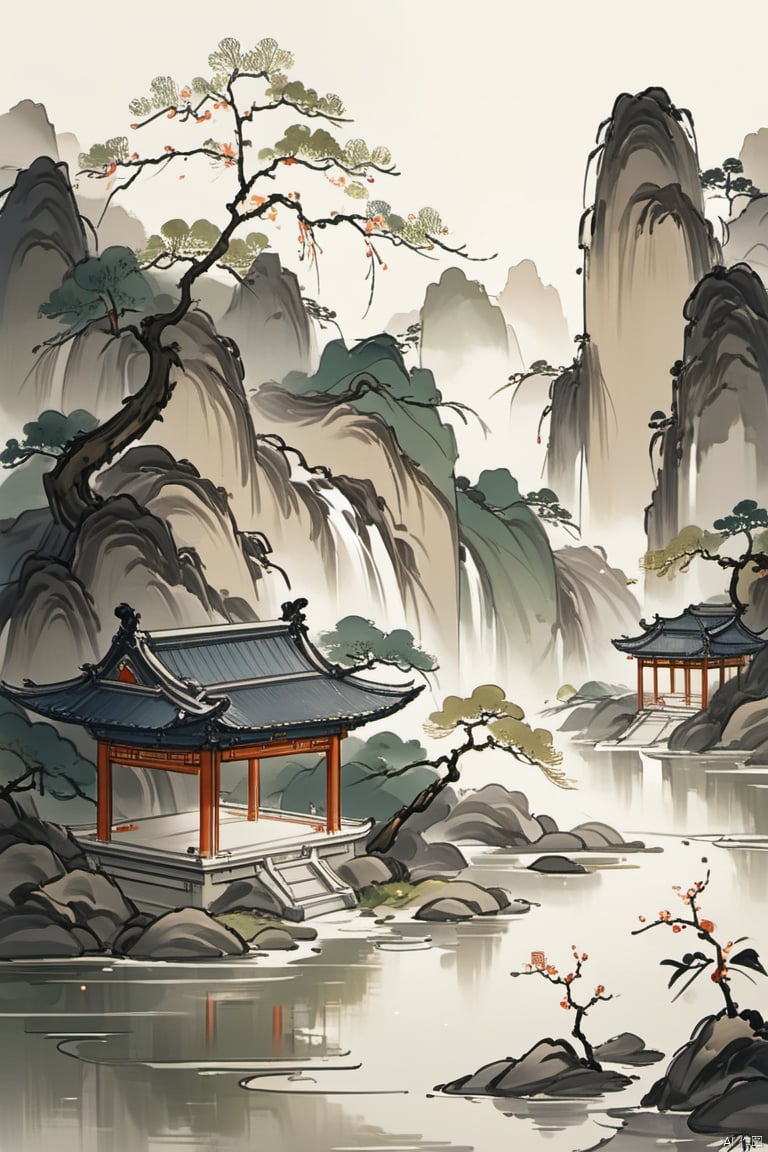 guohuashanshui,Masterpiece,Best Quality,CG Illustration,The ultra wide-angle lens,magnificent and breathtaking scene,epicmasterpiece,8K,The ancient Chinese-style architecture,surrounded by blooming flowers,lush green leaves,bamboo forests,flowing mountains,waterfall,small bridge,winding paths,Thesunlight shines brilliantly,(nohumans),minimalism,(Zen aesthetics:1.2),(Zen composition:1.3),Chinese landscape painting,uiach,guhua,guofengxl,
