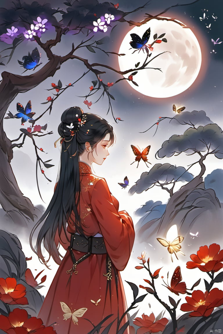 A girl, alone, long hair, looking at the audience, black hair, hair accessories, long sleeves, clothes, hugging, standing, flowers, outdoors, head back, Bun, from behind, tree, Belt, Chinese clothes, moon, red clothes, insects, butterflies,