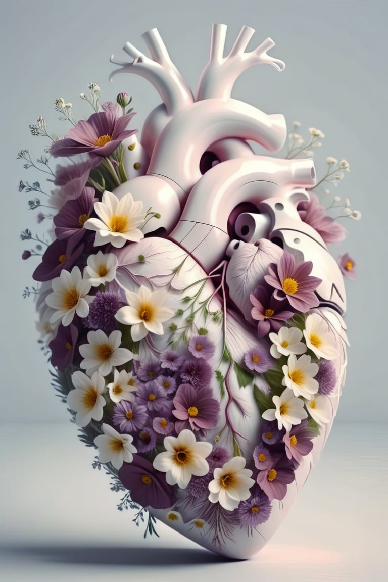  heart art ,white human heart made of flowers,,cinematic lighting,octane render