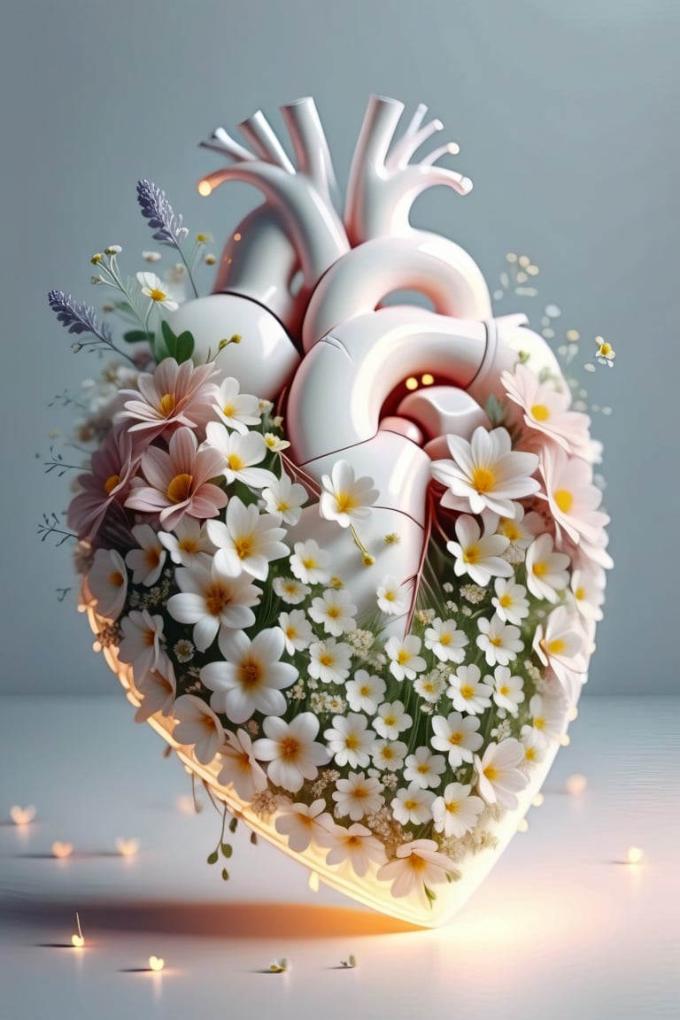  heart art ,white heart made of flowers,small cute flowers,cinematic lighting,octane render