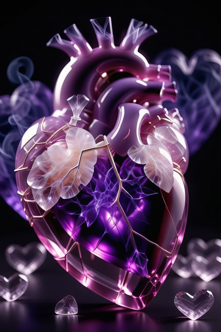  heart art ,crystal, gem, black background,purple theme,stransparent, smoke,product photography,light, vains,cinematic lighting,octane render