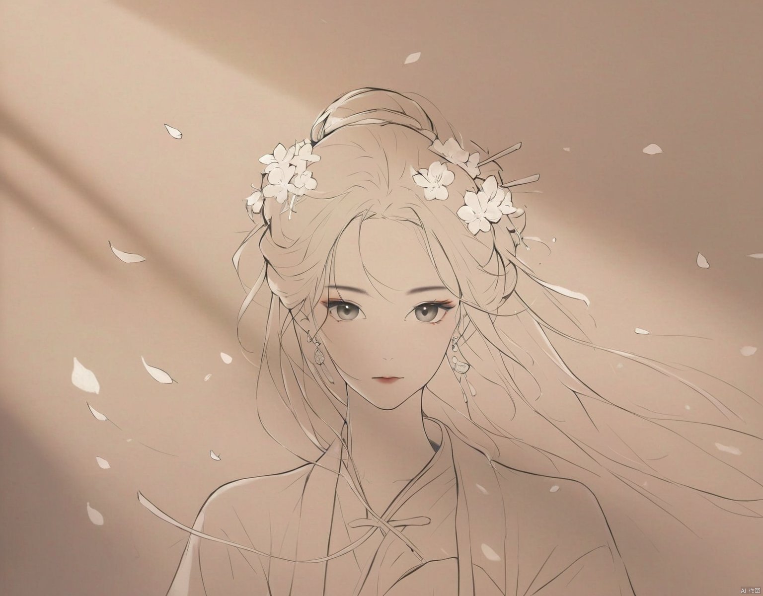  solo,highly detailed,(best quality),((masterpiece)),shouhui, 1girl, solo, jewelry, earrings, hair ornament, monochrome, upper body, long hair, closed mouth, flower, hair bun, looking at viewer, chinese clothes, petals, hanfu, hair flower, 