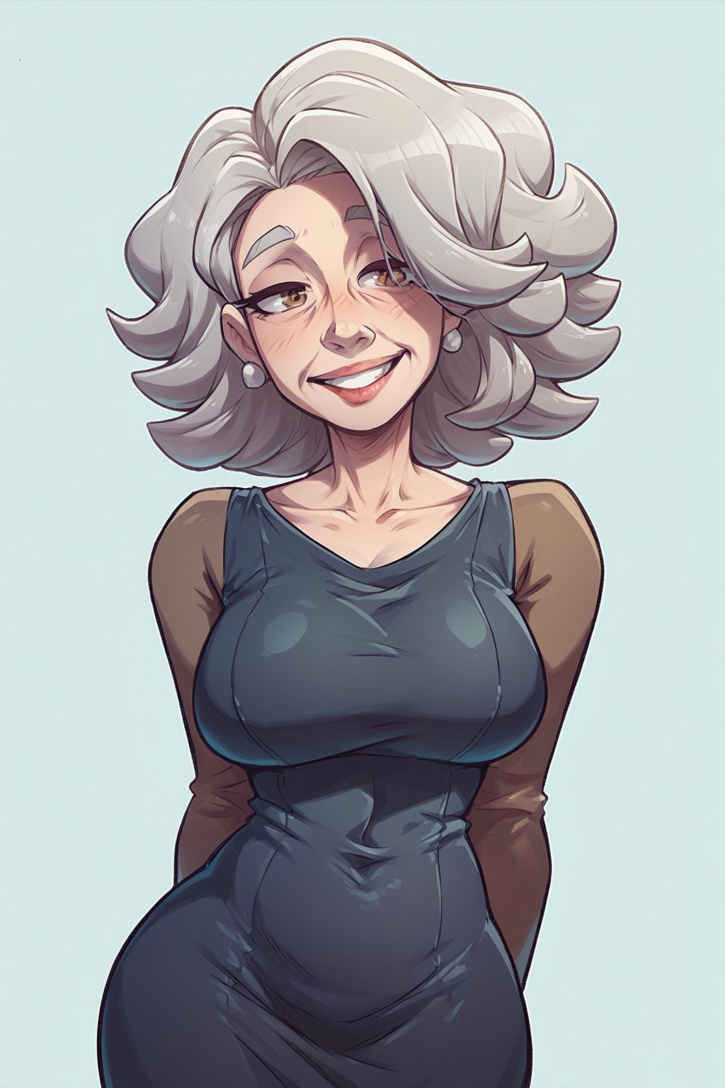 score_9,score_8_up,score_7_up, cartoon style, simple background, 1mature woman, gilf, grey hair, long curly hair, brown eyes, blush, smile, bodycon dress, cowboy shot