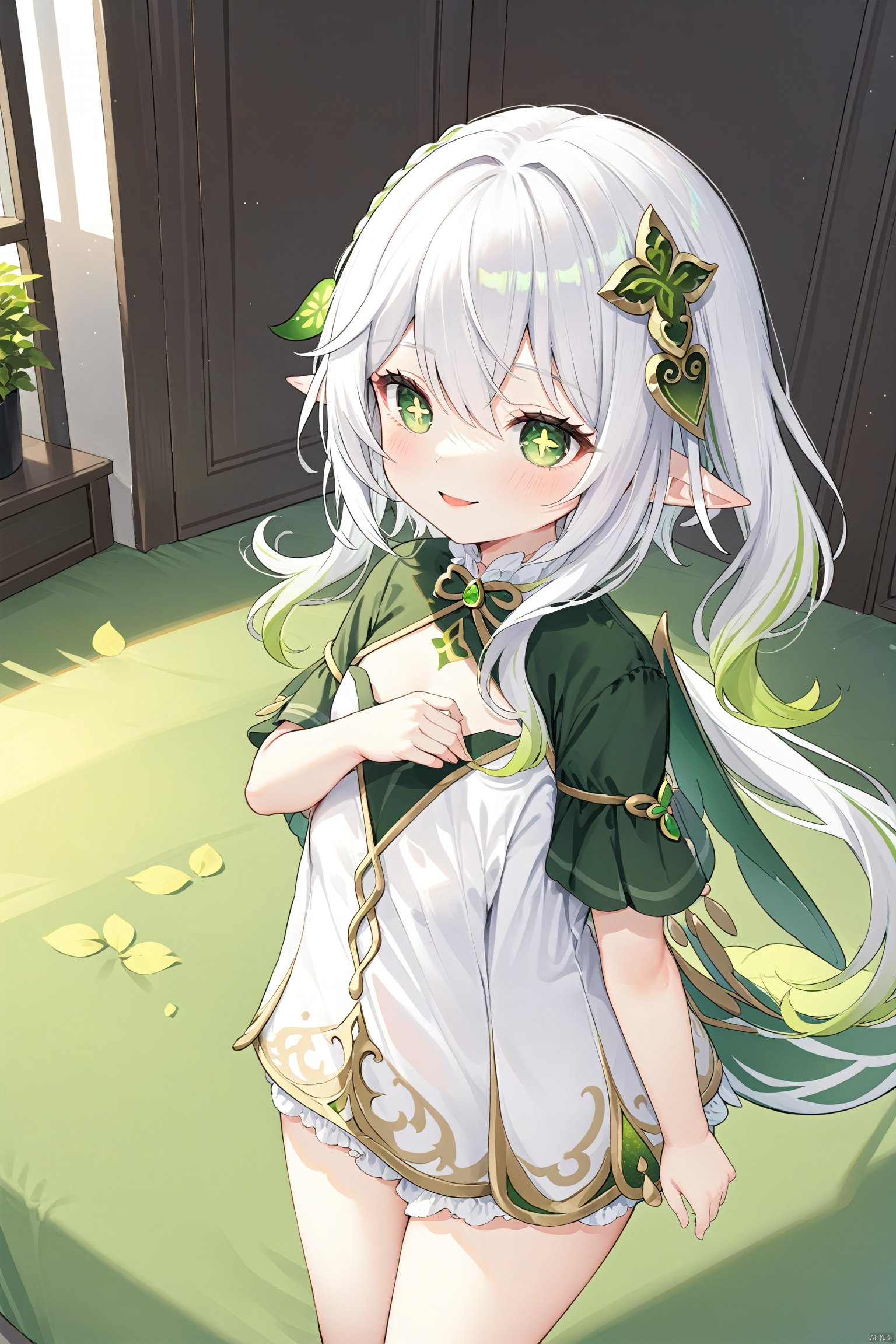 masterpiece,best quality, 1 girl,solo,(little_girl:1.2),petite:1.1,elf girl,pointy_ears, smile, small breast, white hair,green hair,green eyes,symbol-shaped pupils, bangs, cross-shaped pupils, hair ornament, gradient hair, side tonytail, nahida (genshin impact),BLHX01-cxwalft