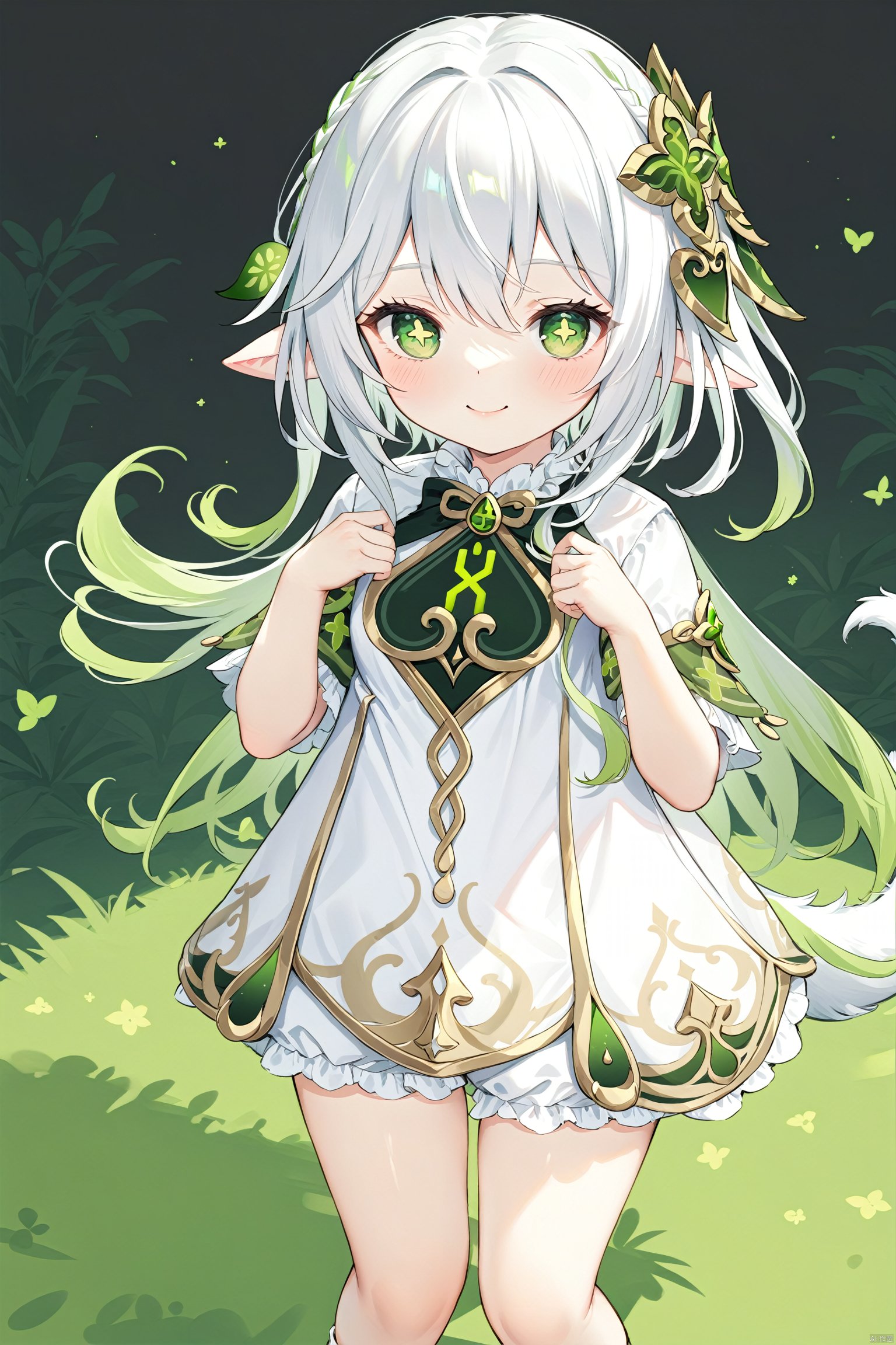 masterpiece,best quality, 1 girl,solo,(little_girl:1.2),petite:1.1,elf girl,pointy_ears, smile, small breast, white hair,green hair,green eyes,symbol-shaped pupils, bangs, cross-shaped pupils, hair ornament, gradient hair, side tonytail, nahida (genshin impact),BLHX01-cxwalft