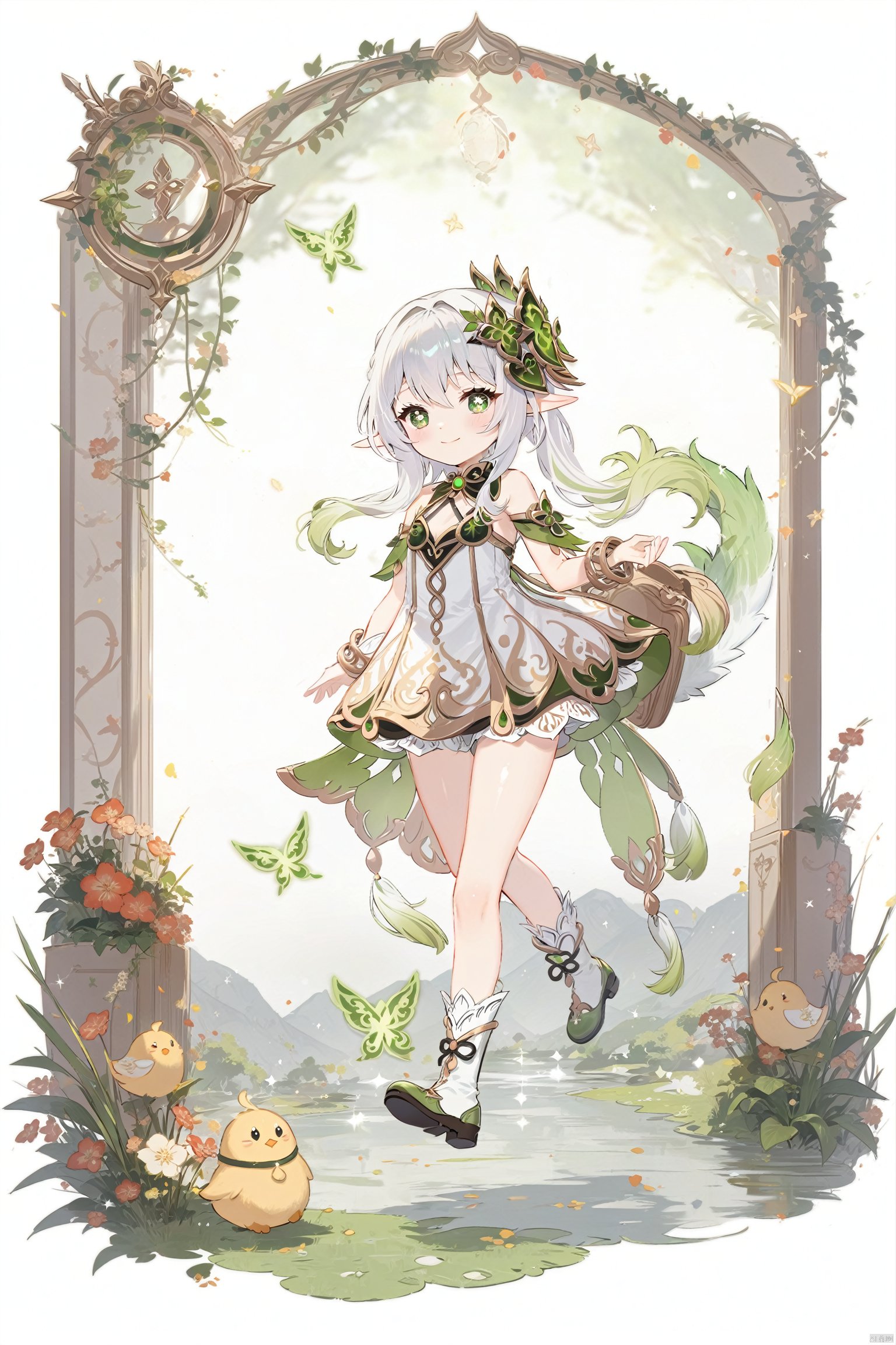 masterpiece,best quality, 1 girl,solo,(little_girl:1.2),petite:1.1,elf girl,pointy_ears, smile, small breast, white hair,green hair,green eyes,symbol-shaped pupils, bangs, cross-shaped pupils, hair ornament, gradient hair, side tonytail, nahida (genshin impact),BLHX01-cxwalft