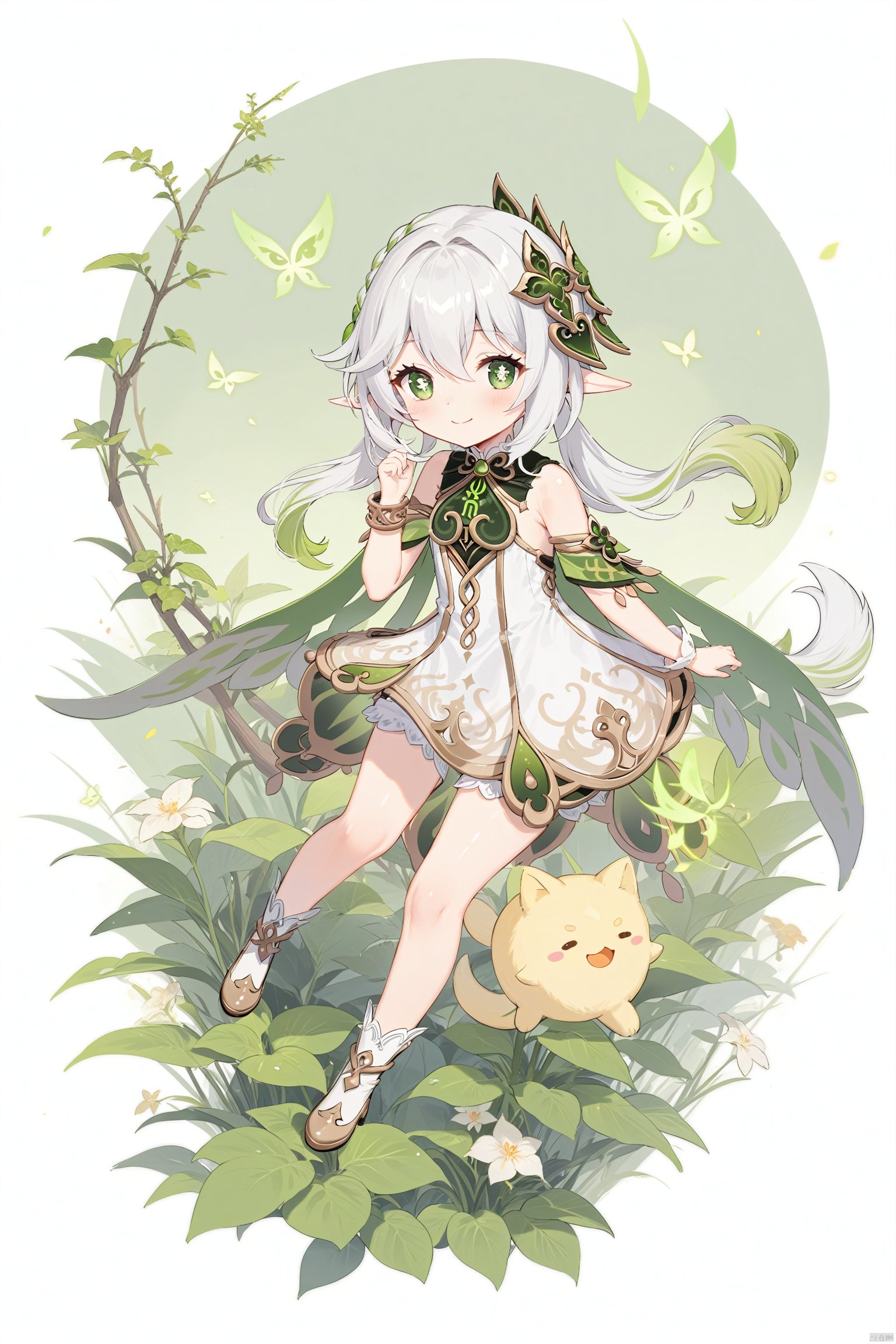 masterpiece,best quality, 1 girl,solo,(little_girl:1.2),petite:1.1,elf girl,pointy_ears, smile, small breast, white hair,green hair,green eyes,symbol-shaped pupils, bangs, cross-shaped pupils, hair ornament, gradient hair, side tonytail, nahida (genshin impact),BLHX01-cxwalft