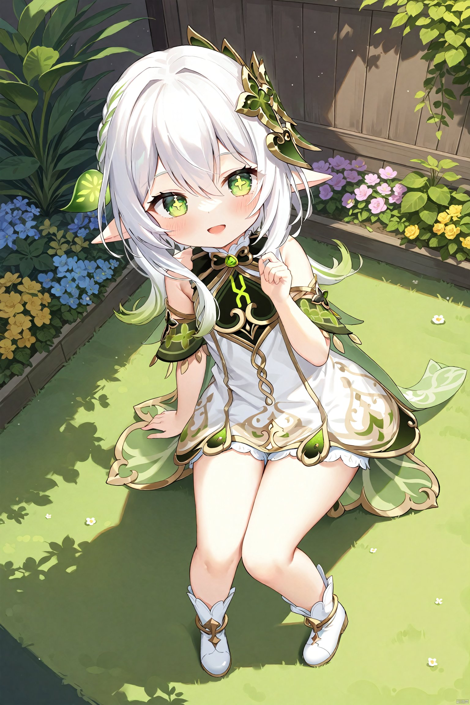 masterpiece,best quality, 1 girl,solo,(little_girl:1.2),petite:1.1,elf girl,pointy_ears, smile, small breast, white hair,green hair,green eyes,symbol-shaped pupils, bangs, cross-shaped pupils, hair ornament, gradient hair, side tonytail, nahida (genshin impact),BLHX01-cxwalft