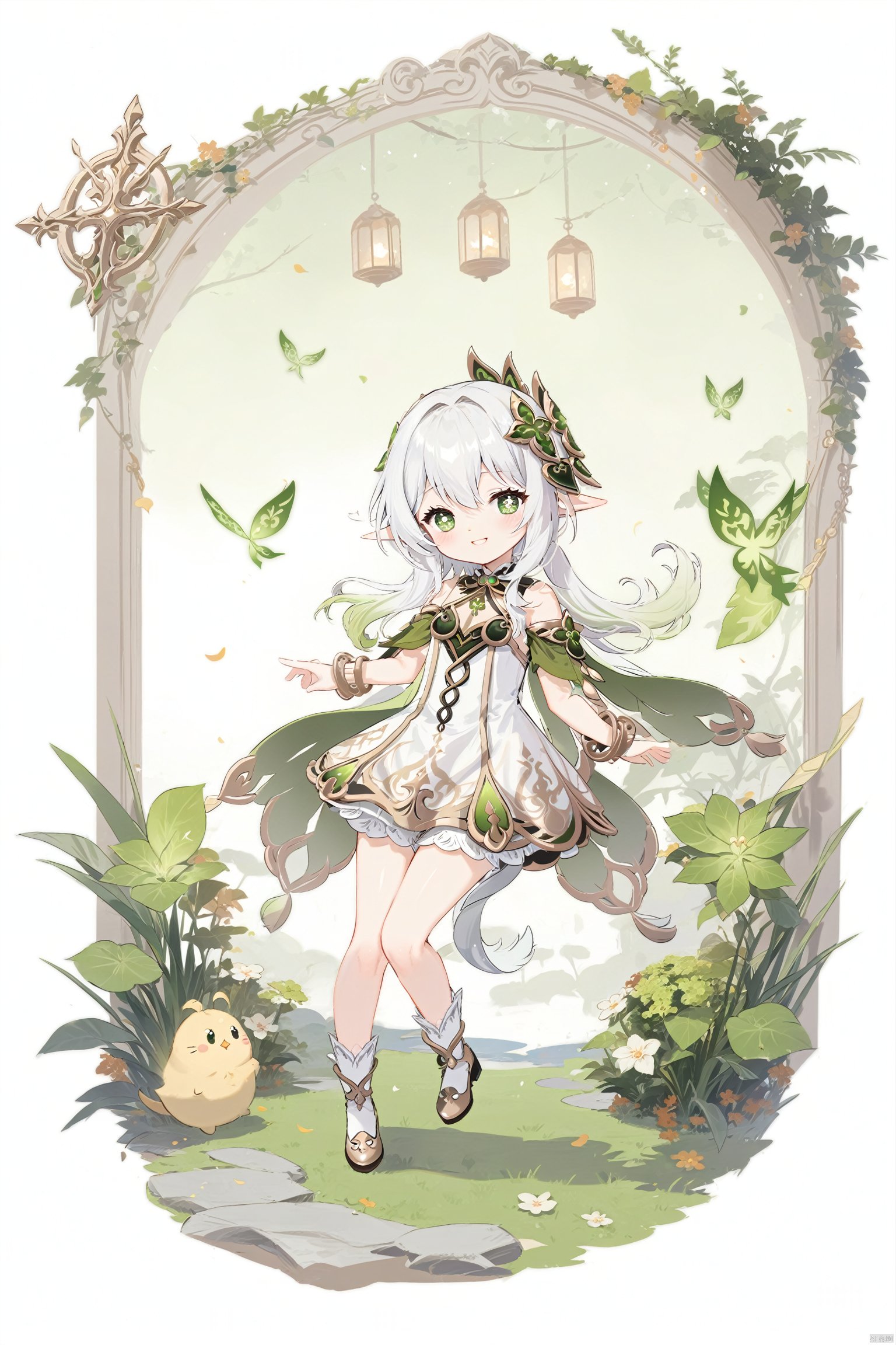 masterpiece,best quality, 1 girl,solo,(little_girl:1.2),petite:1.1,elf girl,pointy_ears, smile, small breast, white hair,green hair,green eyes,symbol-shaped pupils, bangs, cross-shaped pupils, hair ornament, gradient hair, side tonytail, nahida (genshin impact),BLHX01-cxwalft