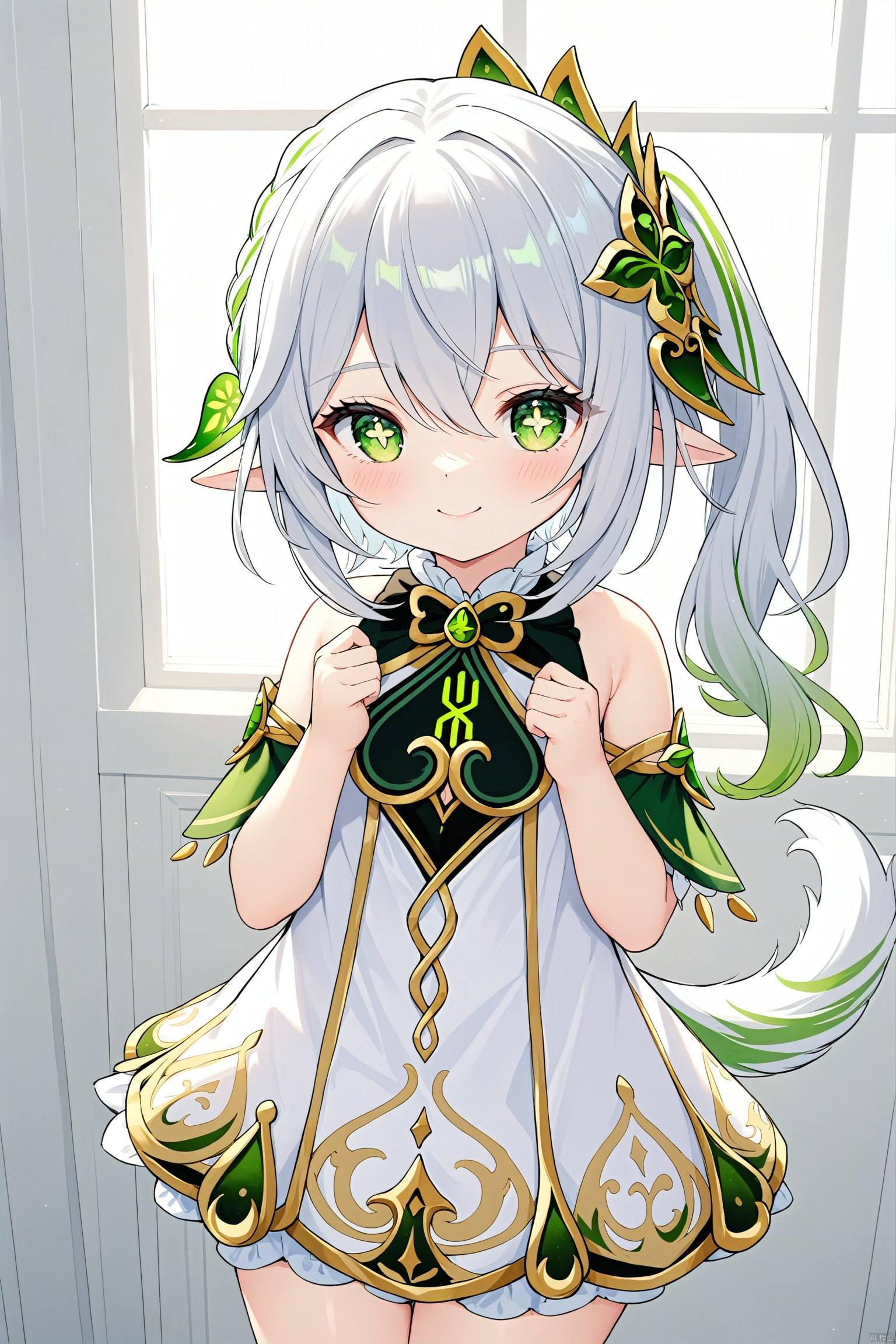 masterpiece,best quality, 1 girl,solo,(little_girl:1.2),petite:1.1,elf girl,pointy_ears, smile, small breast, white hair,green hair,green eyes,symbol-shaped pupils, bangs, cross-shaped pupils, hair ornament, gradient hair, side tonytail, nahida (genshin impact),BLHX01-cxwalft