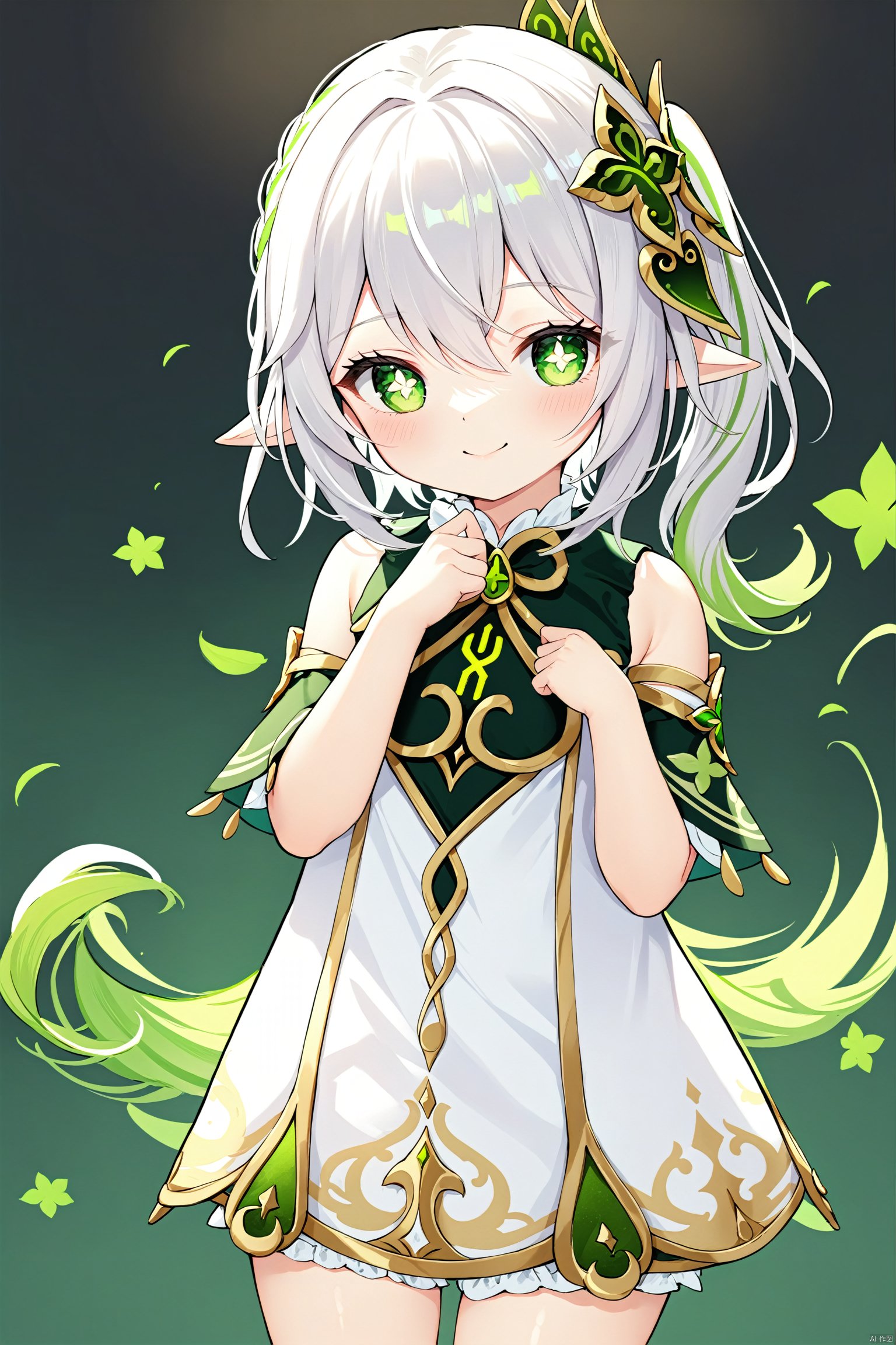 masterpiece,best quality, 1 girl,solo,(little_girl:1.2),petite:1.1,elf girl,pointy_ears, smile, small breast, white hair,green hair,green eyes,symbol-shaped pupils, bangs, cross-shaped pupils, hair ornament, gradient hair, side tonytail, nahida (genshin impact),BLHX01-cxwalft