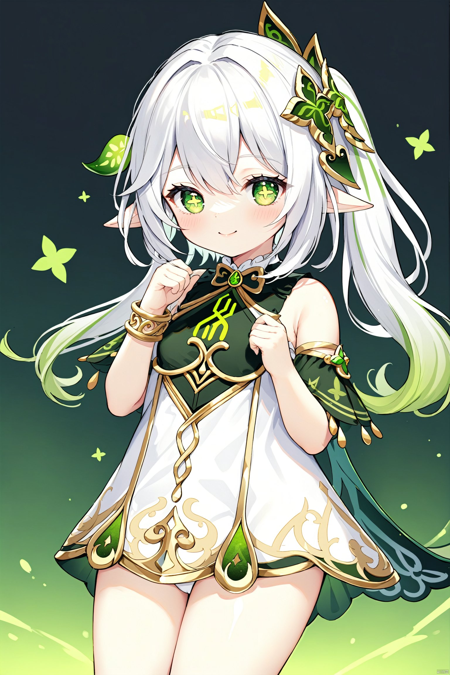 masterpiece,best quality, 1 girl,solo,(little_girl:1.2),petite:1.1,elf girl,pointy_ears, smile, small breast, white hair,green hair,green eyes,symbol-shaped pupils, bangs, cross-shaped pupils, hair ornament, gradient hair, side tonytail, nahida (genshin impact),BLHX01-cxwalft