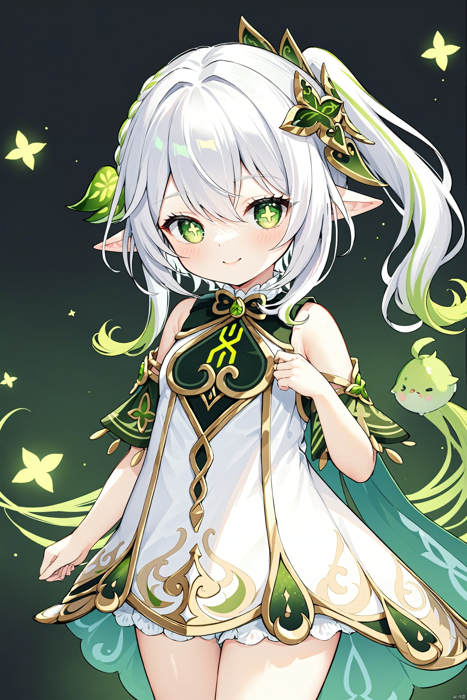 masterpiece,best quality, 1 girl,solo,(little_girl:1.2),petite:1.1,elf girl,pointy_ears, smile, small breast, white hair,green hair,green eyes,symbol-shaped pupils, bangs, cross-shaped pupils, hair ornament, gradient hair, side tonytail, nahida (genshin impact),BLHX01-cxwalft