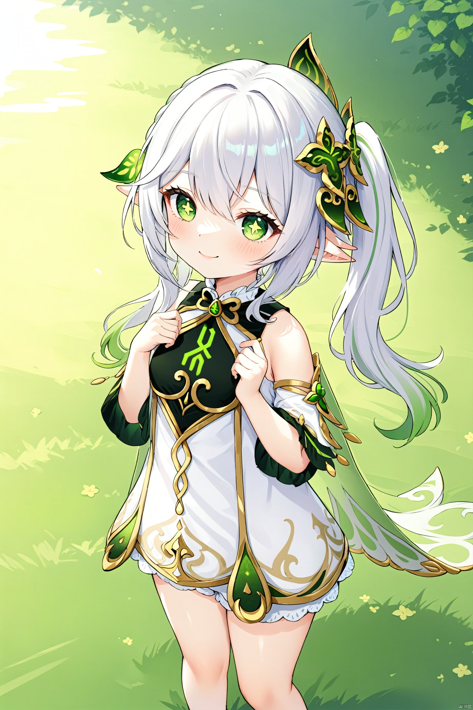 masterpiece,best quality, 1 girl,solo,(little_girl:1.2),petite:1.1,elf girl,pointy_ears, smile, small breast, white hair,green hair,green eyes,symbol-shaped pupils, bangs, cross-shaped pupils, hair ornament, gradient hair, side tonytail, nahida (genshin impact),BLHX01-cxwalft