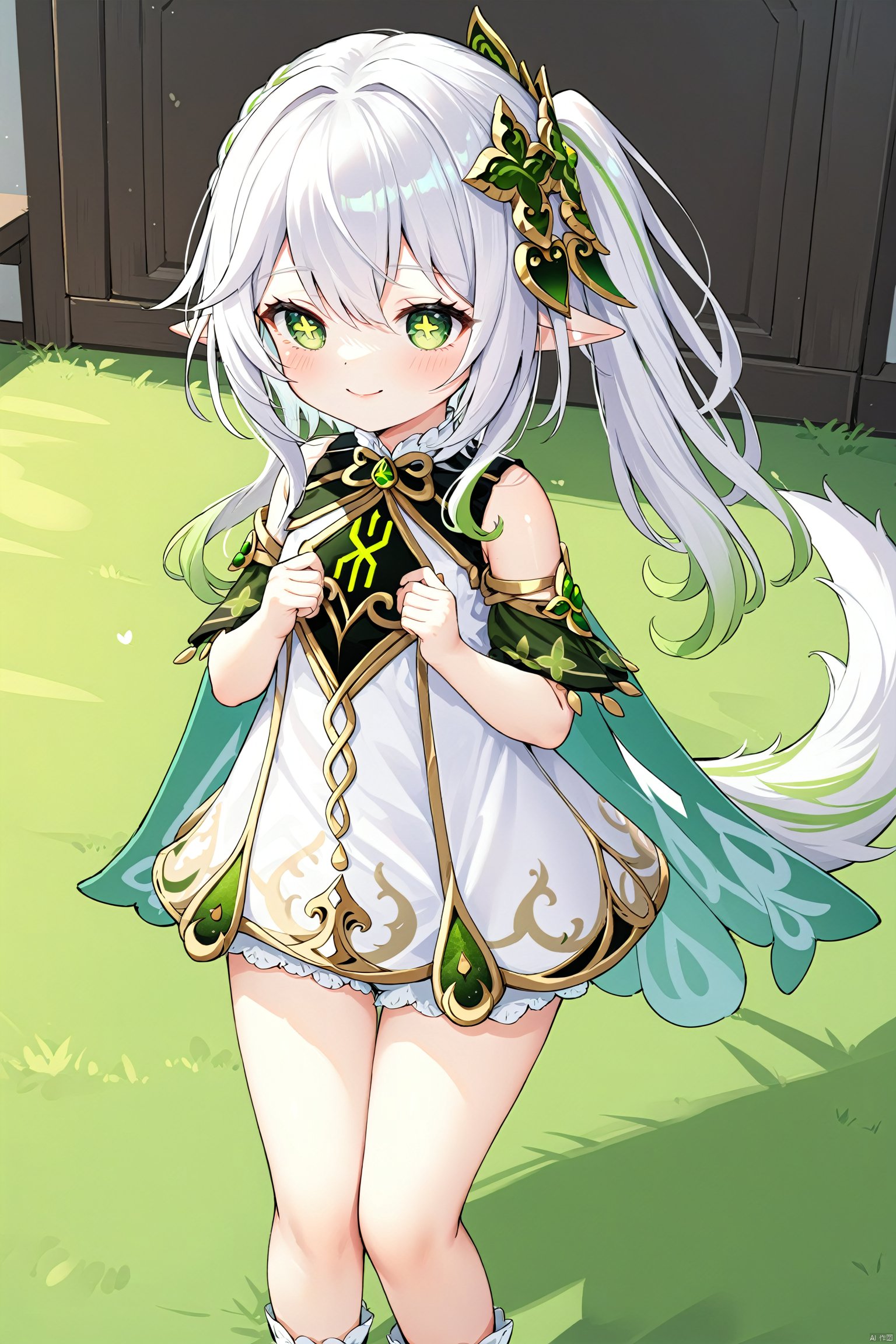 masterpiece,best quality, 1 girl,solo,(little_girl:1.2),petite:1.1,elf girl,pointy_ears, smile, small breast, white hair,green hair,green eyes,symbol-shaped pupils, bangs, cross-shaped pupils, hair ornament, gradient hair, side tonytail, nahida (genshin impact),BLHX01-cxwalft