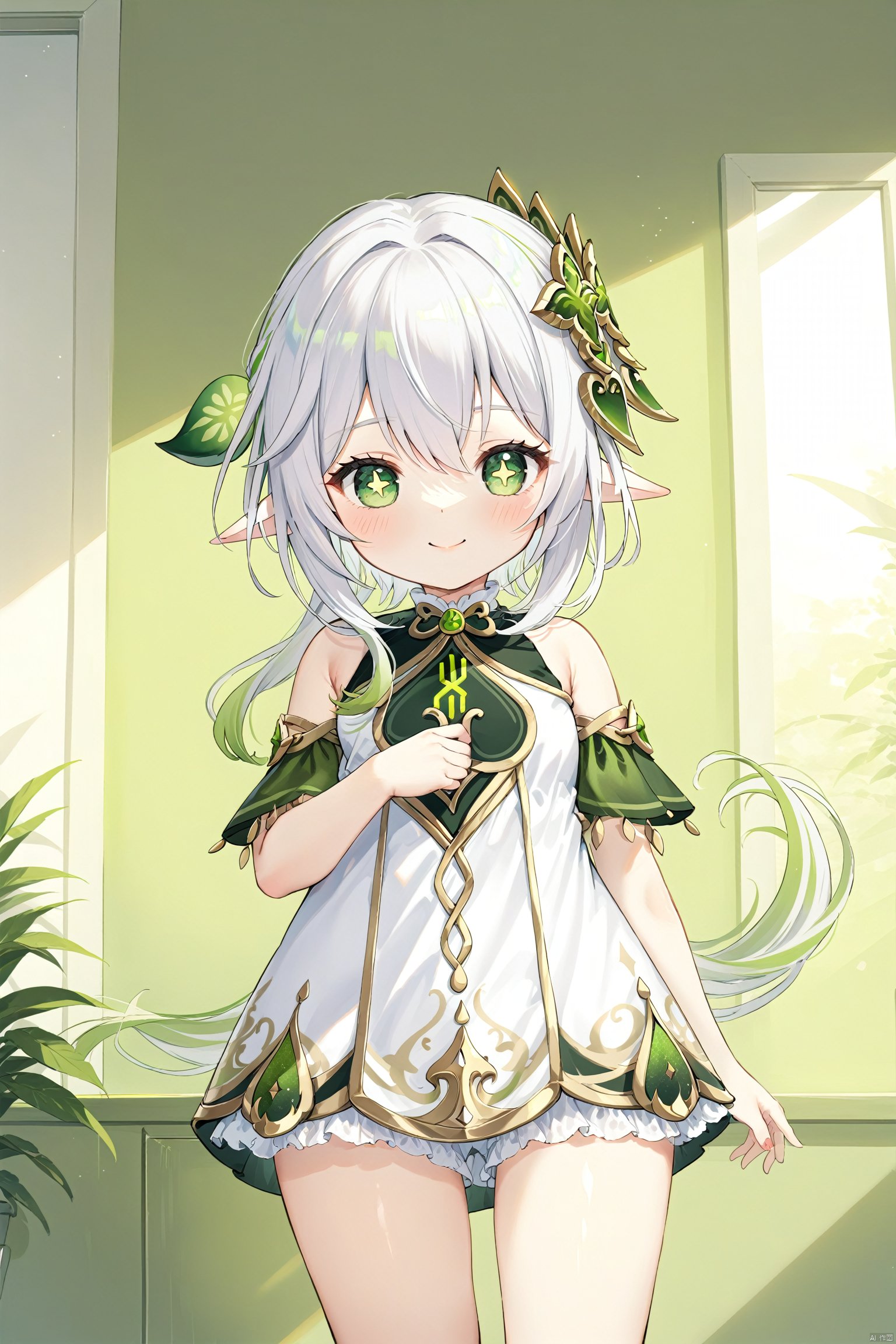 masterpiece,best quality, 1 girl,solo,(little_girl:1.2),petite:1.1,elf girl,pointy_ears, smile, small breast, white hair,green hair,green eyes,symbol-shaped pupils, bangs, cross-shaped pupils, hair ornament, gradient hair, side tonytail, nahida (genshin impact),BLHX01-cxwalft